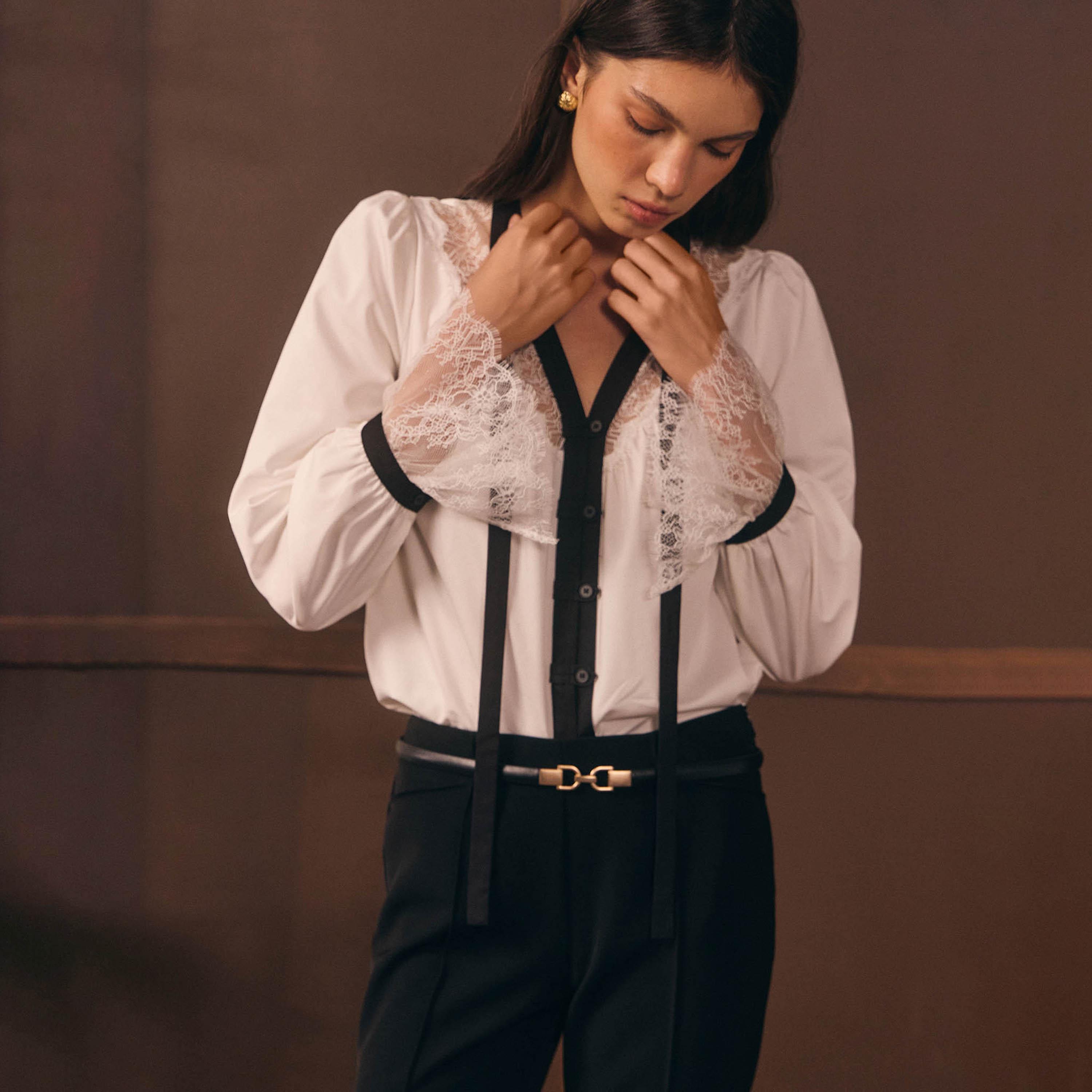 Lichi Lace Trim Tie-Up Neck Bishop Sleeves Women's Top-women-clothing-shirtsandblouses-blouses-image-1