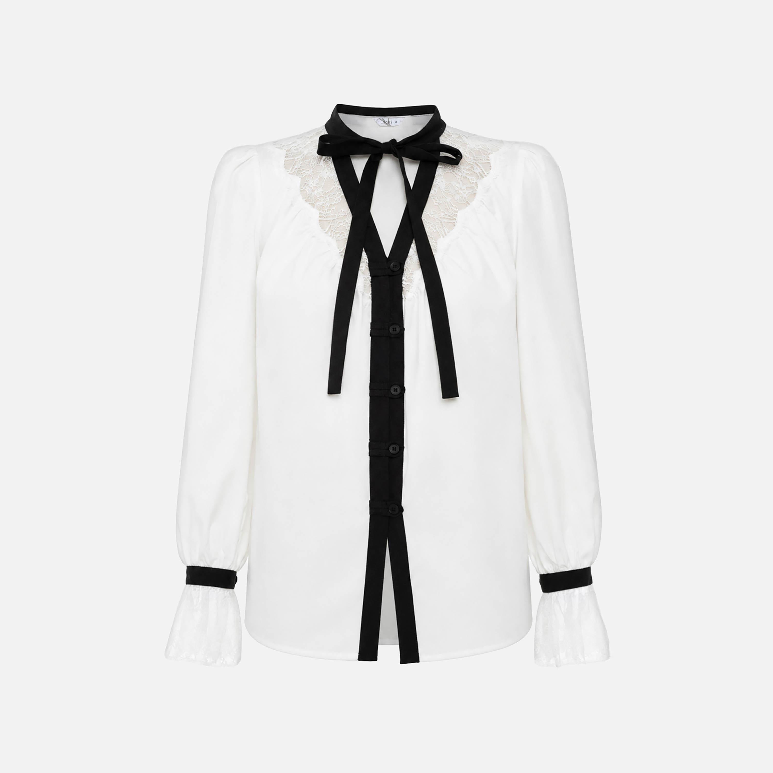 Lichi Lace Trim Tie-Up Neck Bishop Sleeves Women's Top-women-clothing-shirtsandblouses-blouses-image-5