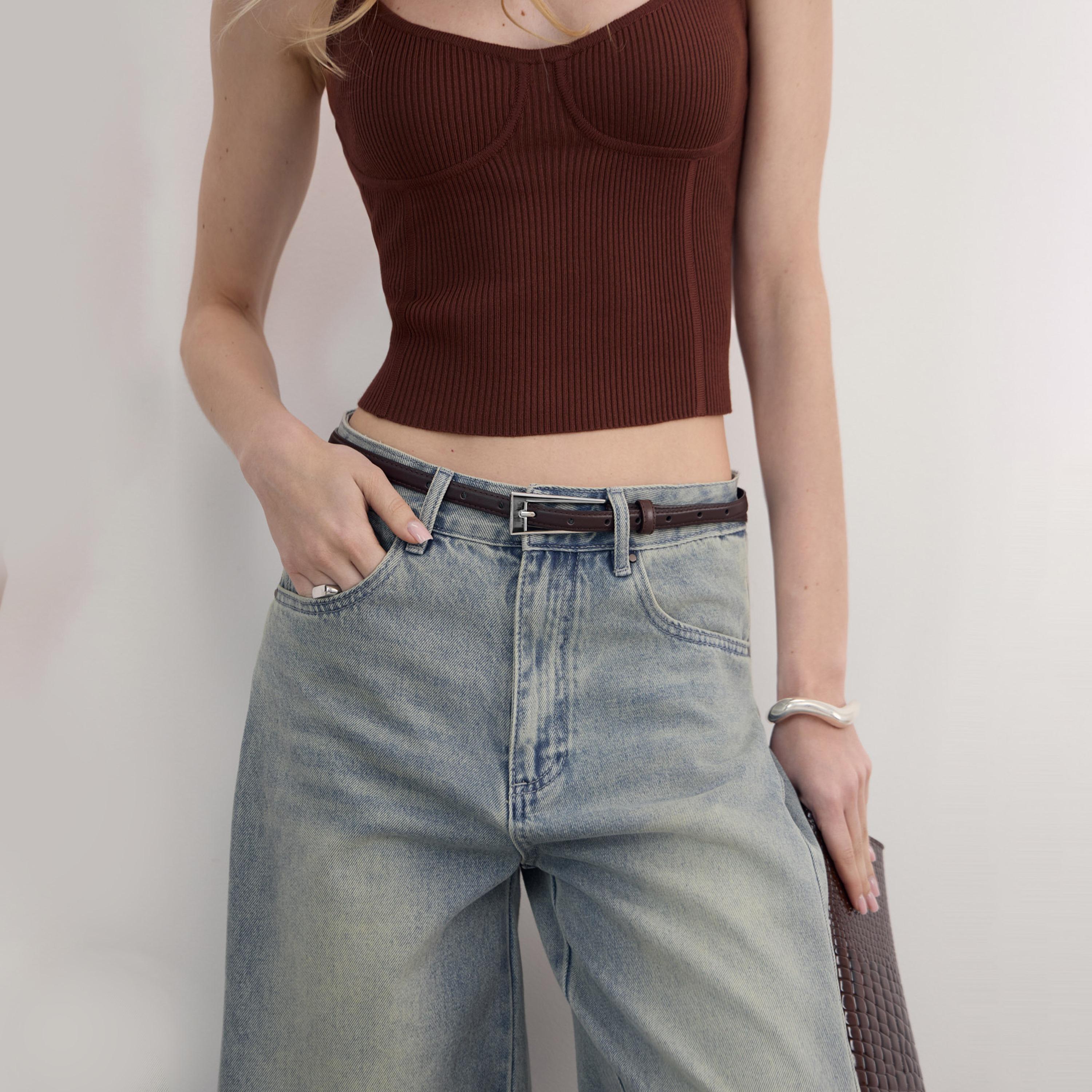 حزام ليتشي جلدي رفيع للنساء بلون بني وإبزيم دبوس | مقاس موحد | blt0288-women-clothingaccessories-belts-image-1
