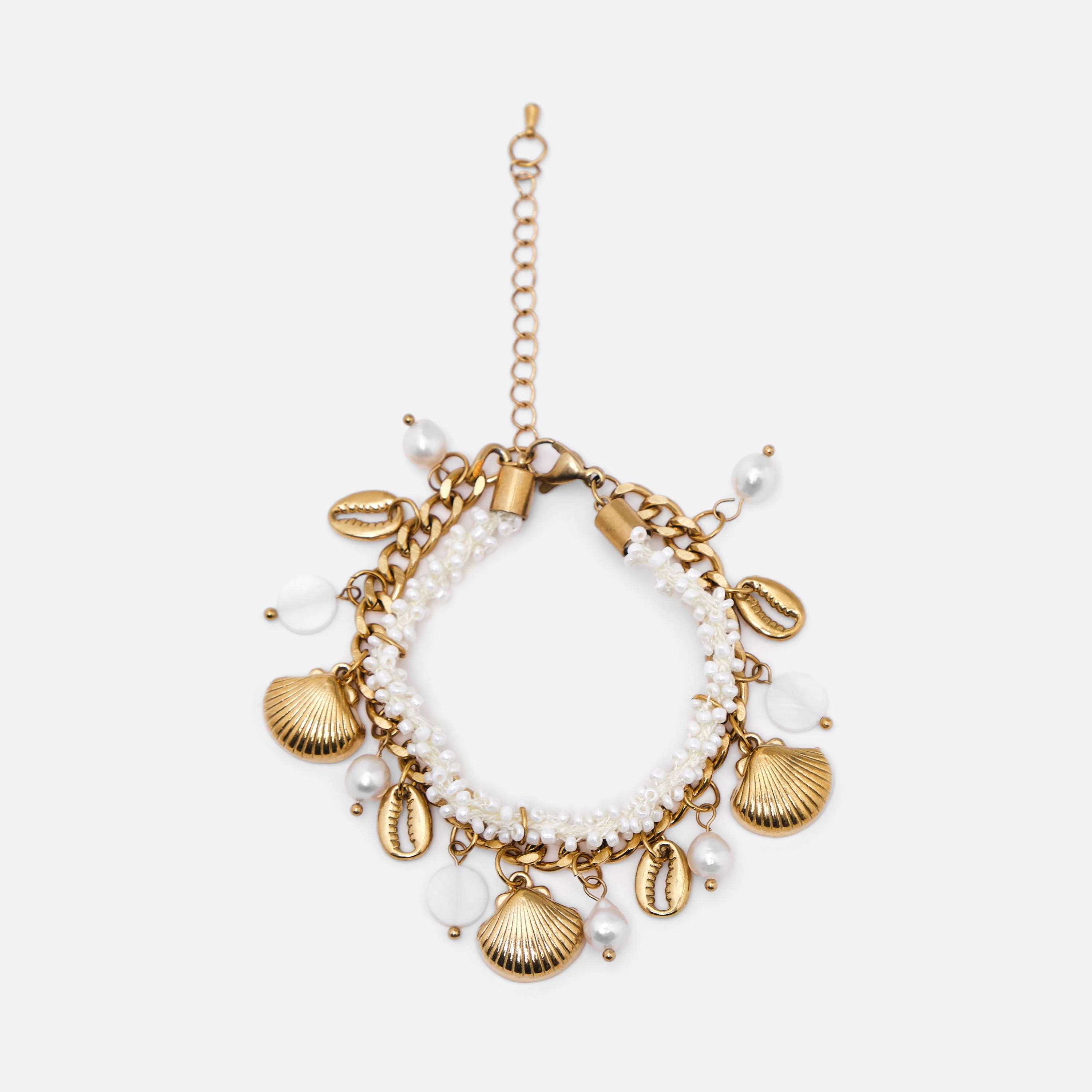سوار ليتشي ذهبي من الستيل مع دليات لؤلؤ وأصداف-women-watchesandjewellery-jewellery-banglesandbracelets-image-2