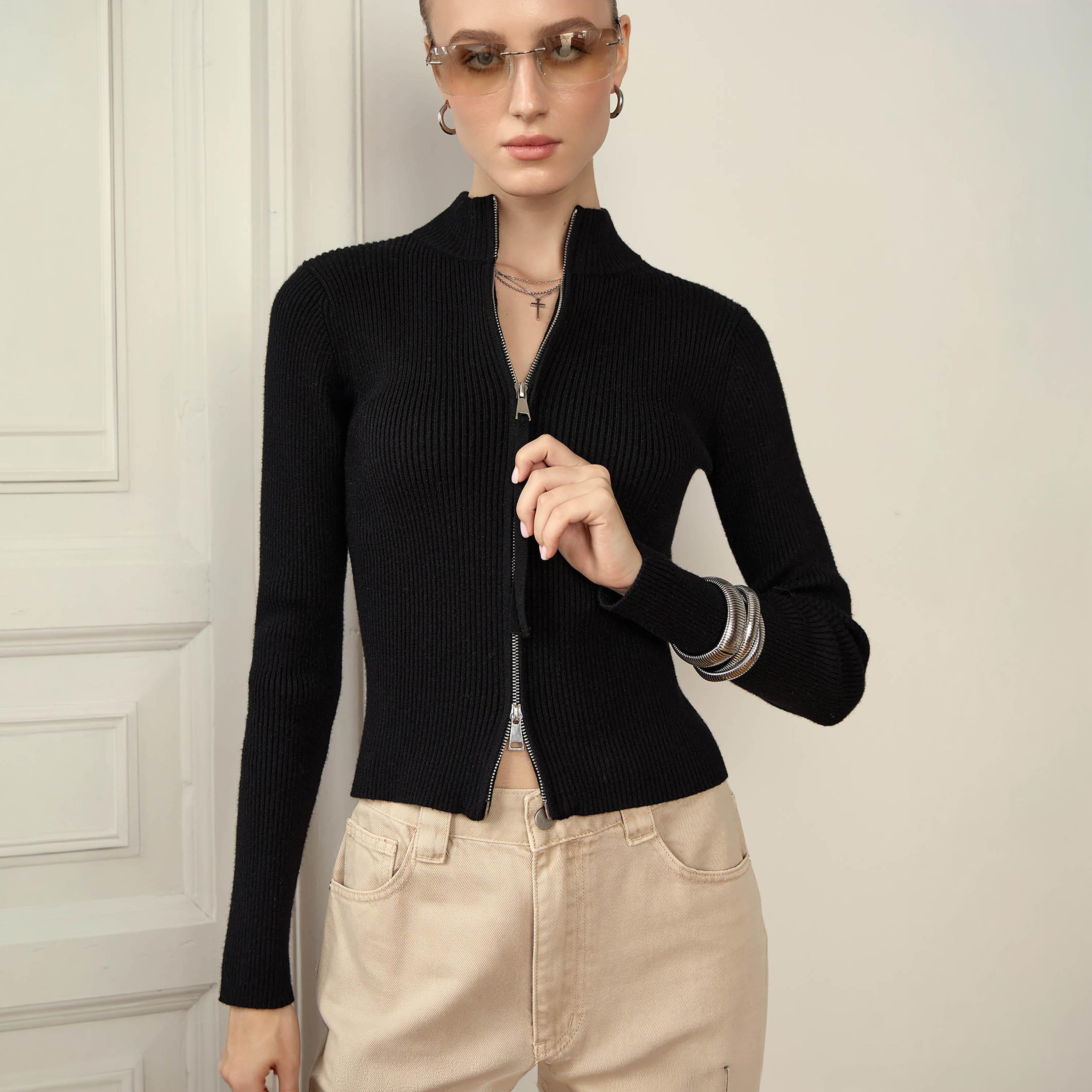 كارديجان حريمي بملمس مضلع وياقة مرتفعة من ليتشي-women-winterwear-cardigansandjumpers-cardigans-image-1