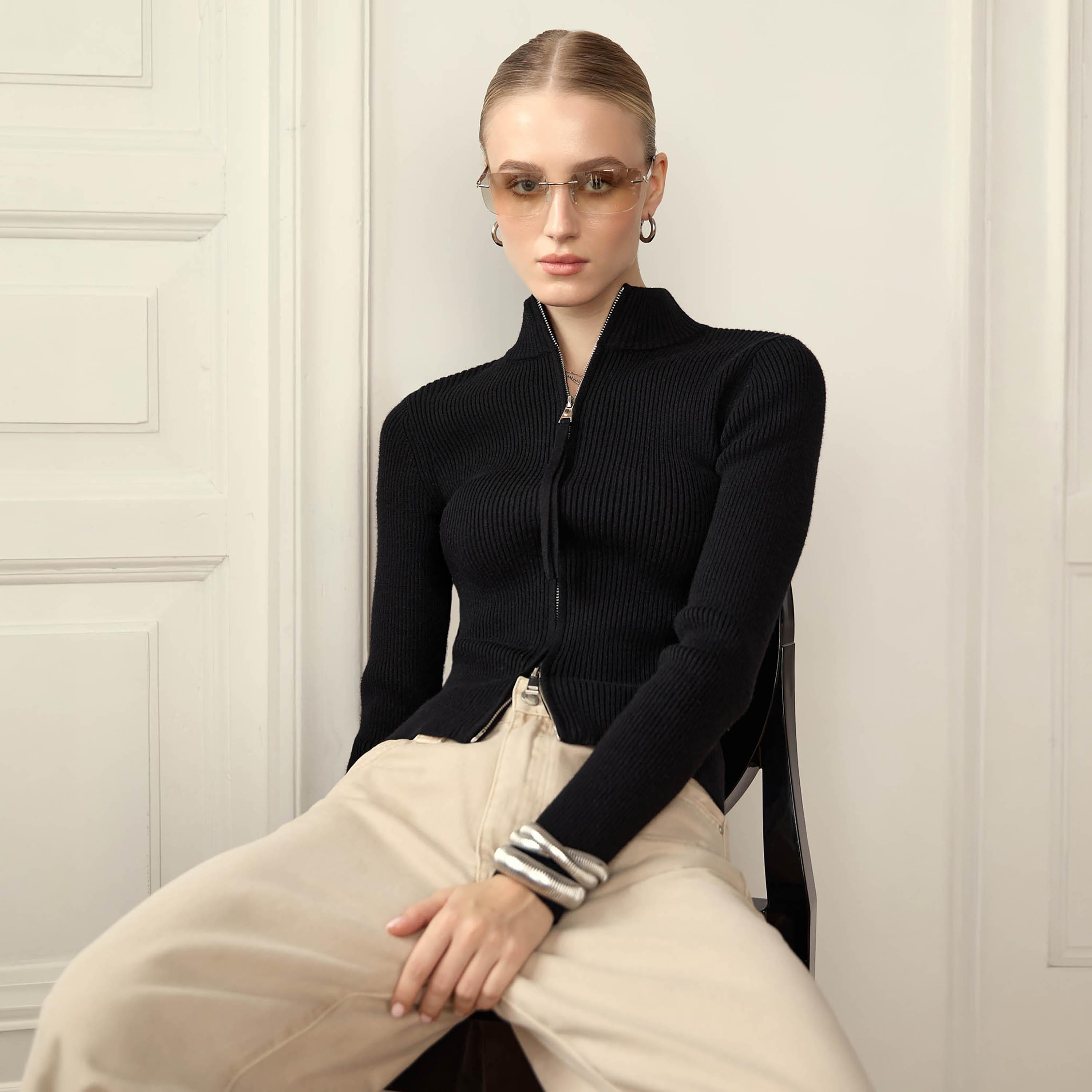 كارديجان حريمي بملمس مضلع وياقة مرتفعة من ليتشي-women-winterwear-cardigansandjumpers-cardigans-image-3
