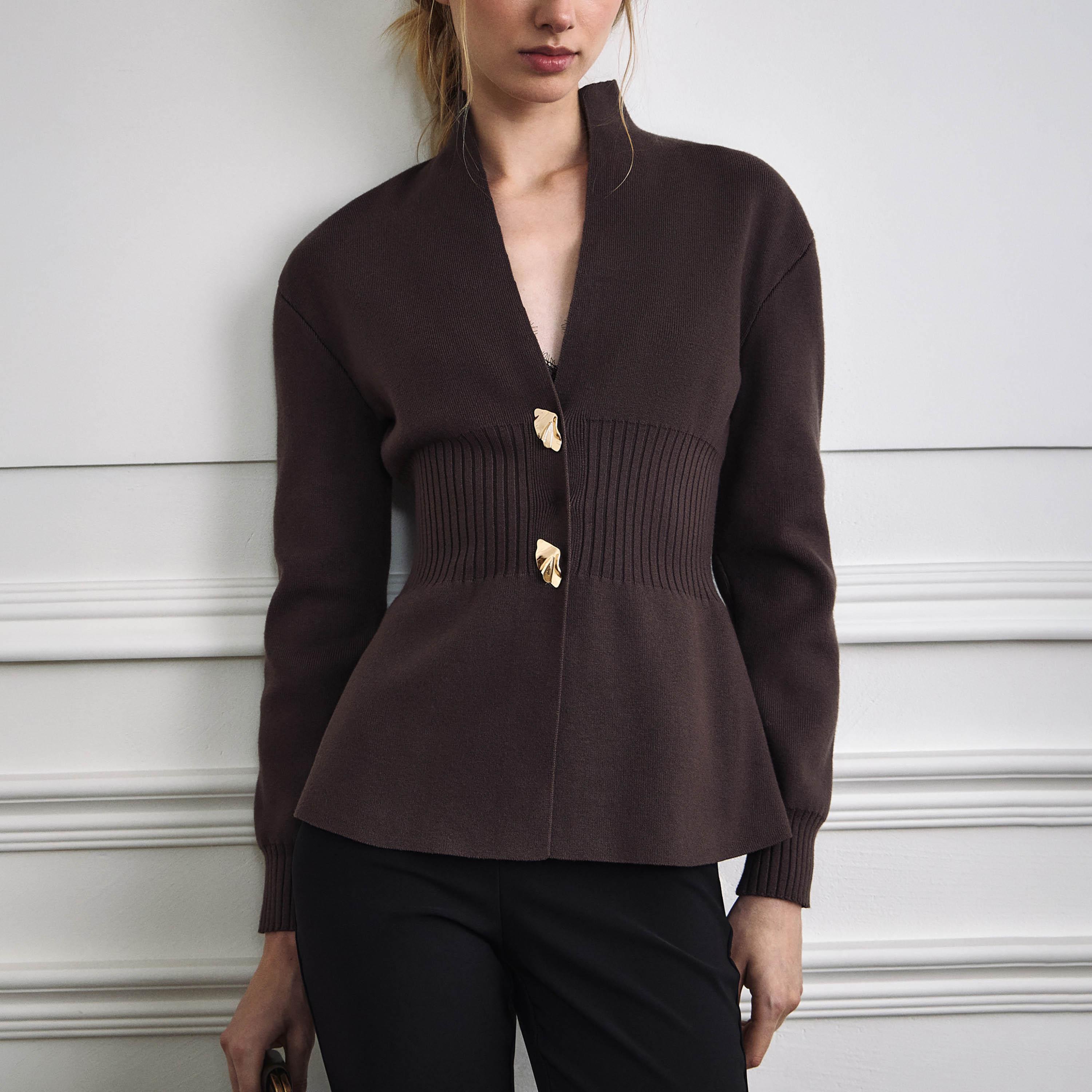 كارديجان بيبلوم حريمي بياقة قائمة من ليتشي-women-winterwear-cardigansandjumpers-cardigans-image-4