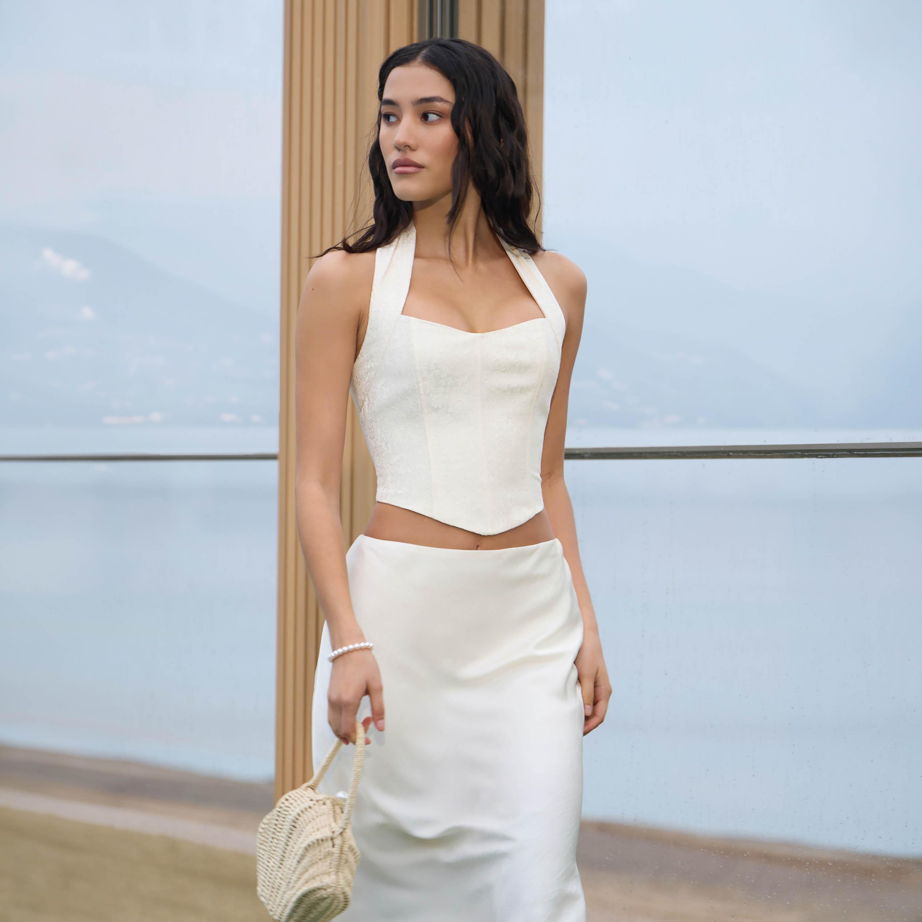 مشد (كورسيه) ستان جاكار بنقشة زهور للنساء باللون الكريمي من ليتشي-women-clothing-lingerie-corsets-image-1