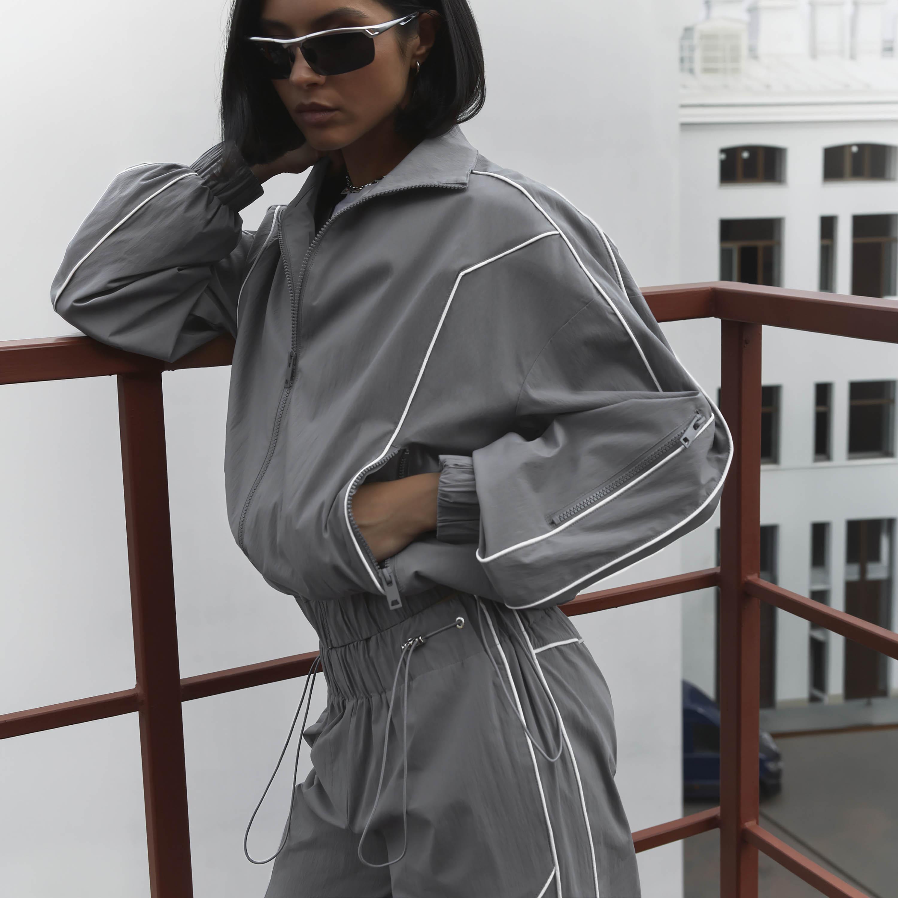 جاكيت واقٍ من الرياح حريمي بياقة مرتفعة وأكمام مسدلة وتفاصيل أشرطة من ليتشي-women-winterwear-coatsandjackets-jackets-image-4