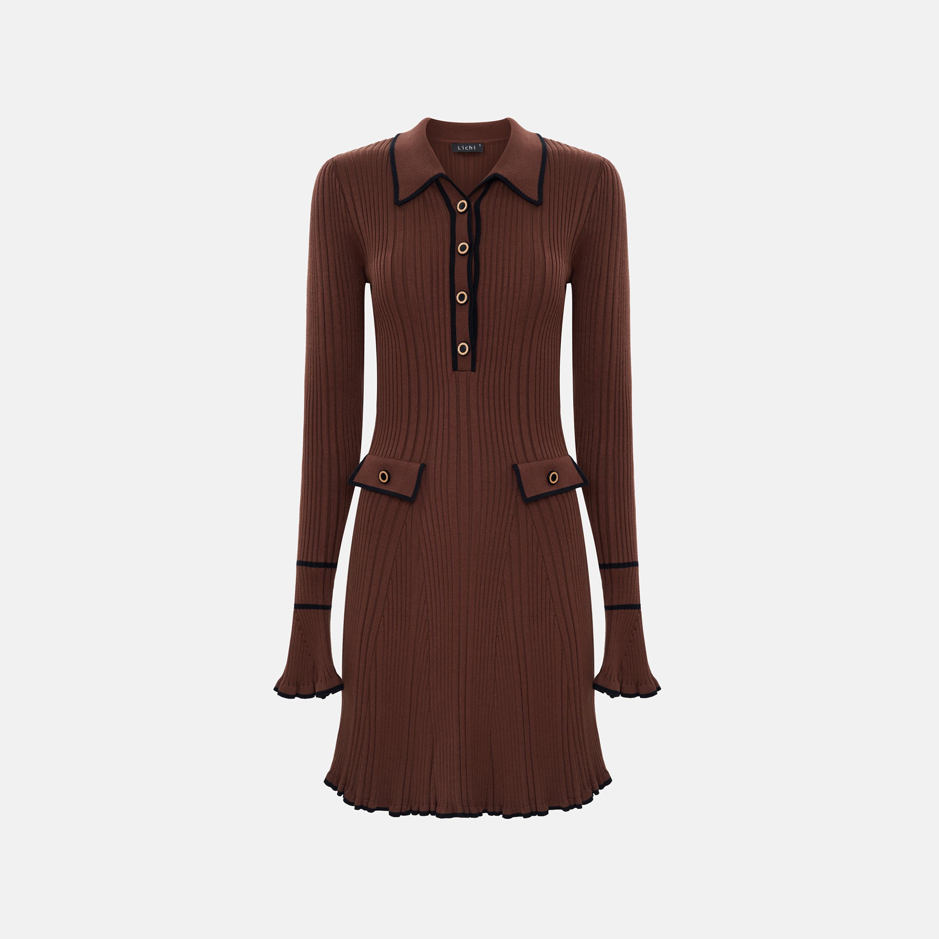 Lichi Ribbed Collared Flared Cuff Sheath Women's Mini Dress-women-clothing-dresses-image-5