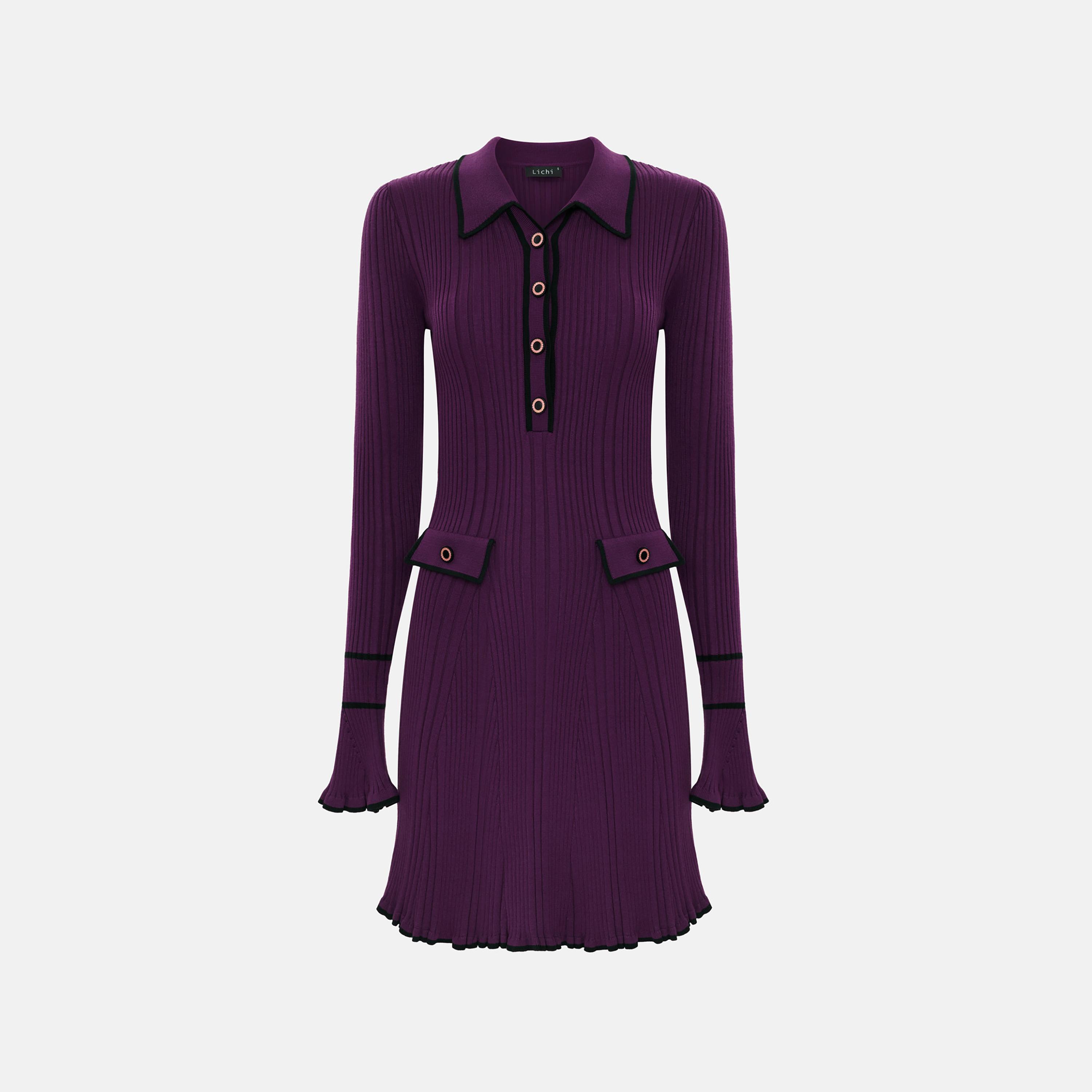 Lichi Ribbed Collared Flared Cuff Sheath Women's Mini Dress-women-clothing-dresses-image-5