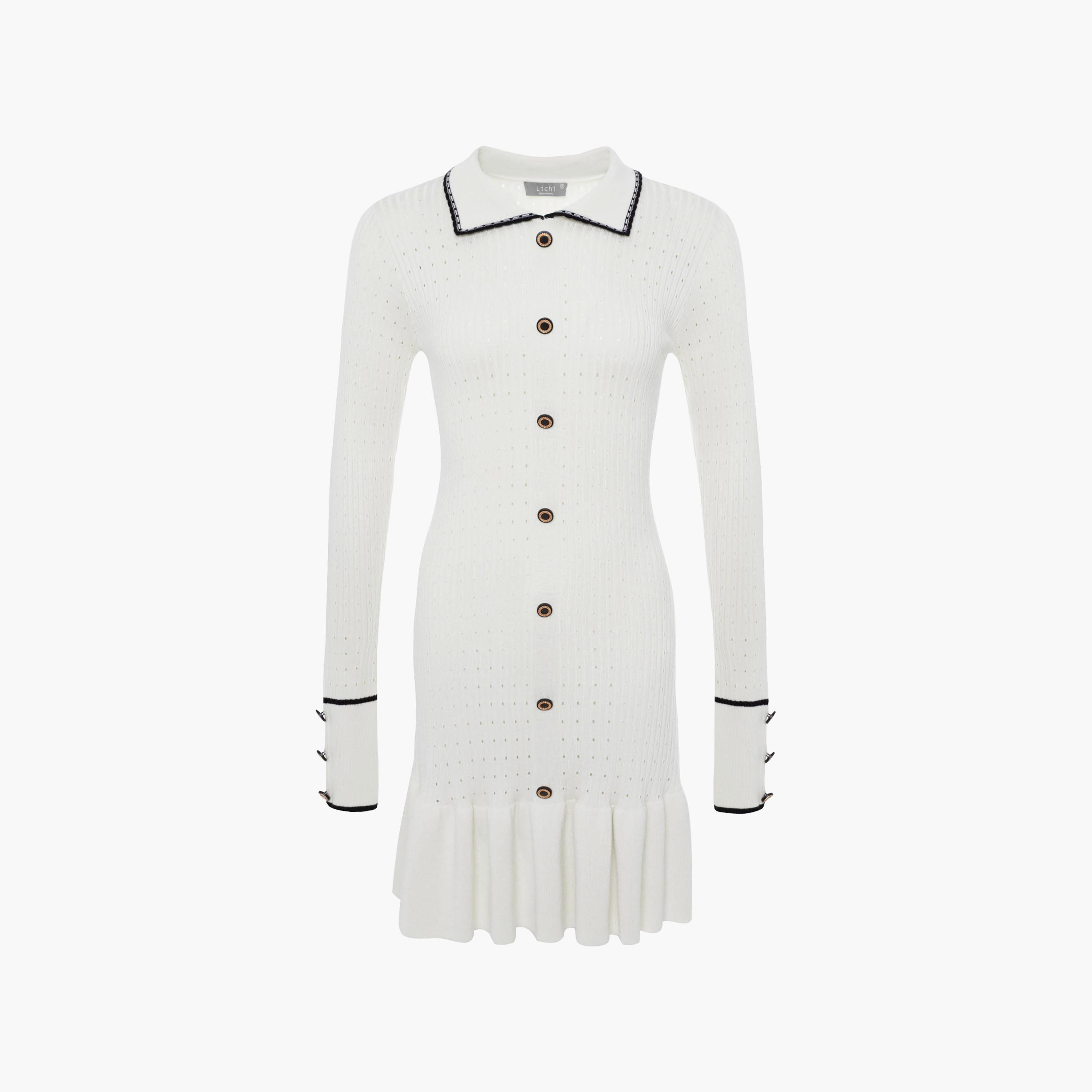 فستان ميني مضلع بياقة وخصر منخفض للنساء باللون الأبيض من ليتشي-women-clothing-dresses-image-5