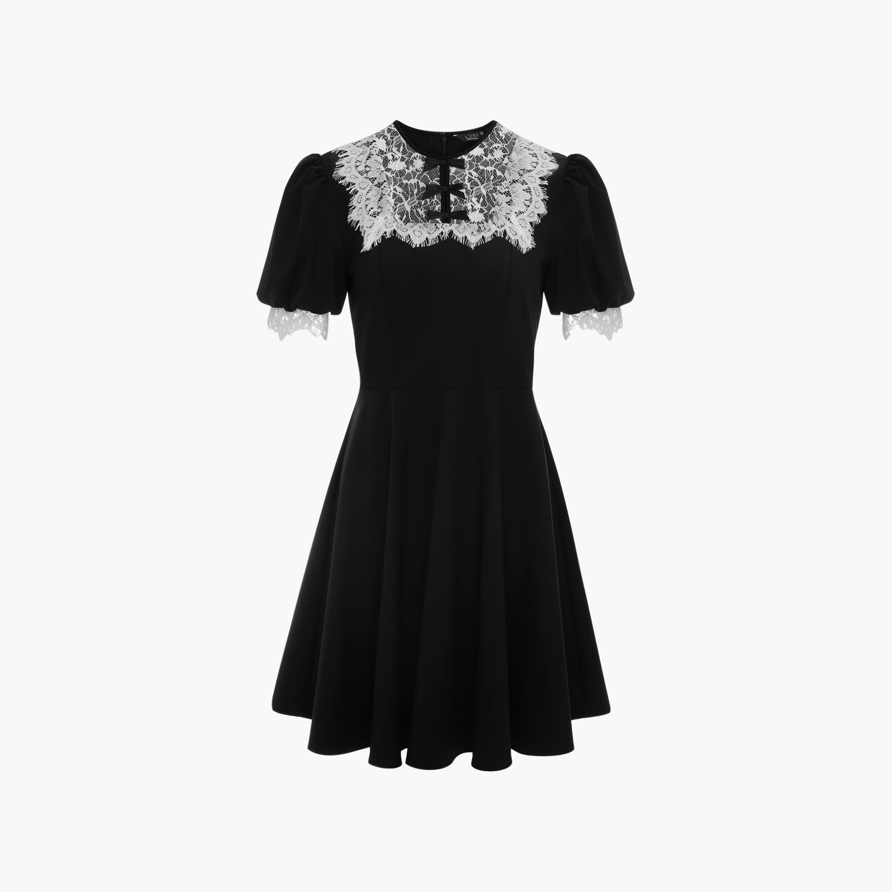 فستان قصير (ميني) كلوش بأكمام منفوخة وتفاصيل دانتيل متباينة للنساء من ليتشي-women-clothing-dresses-image-5