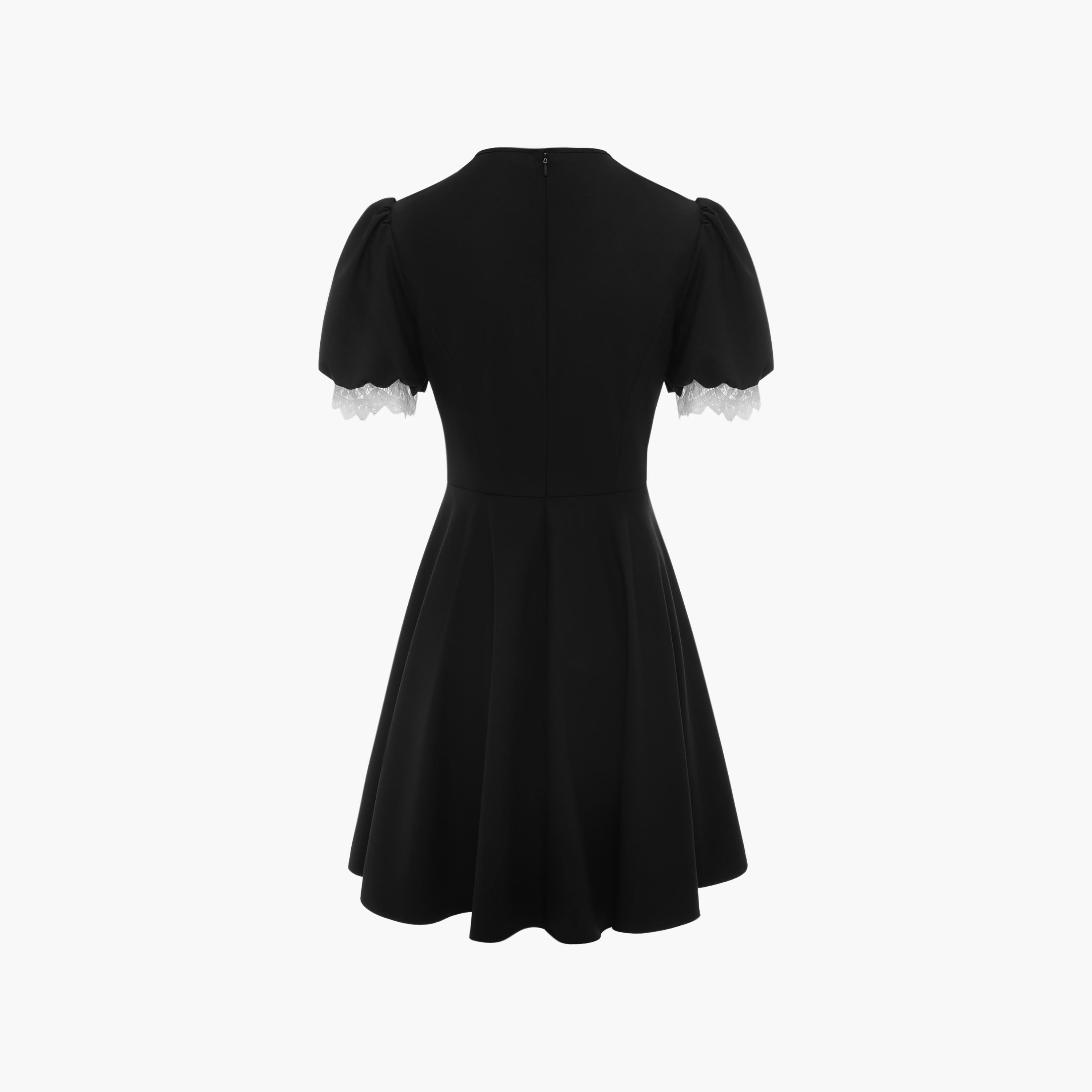 فستان قصير (ميني) كلوش بأكمام منفوخة وتفاصيل دانتيل متباينة للنساء من ليتشي-women-clothing-dresses-image-6