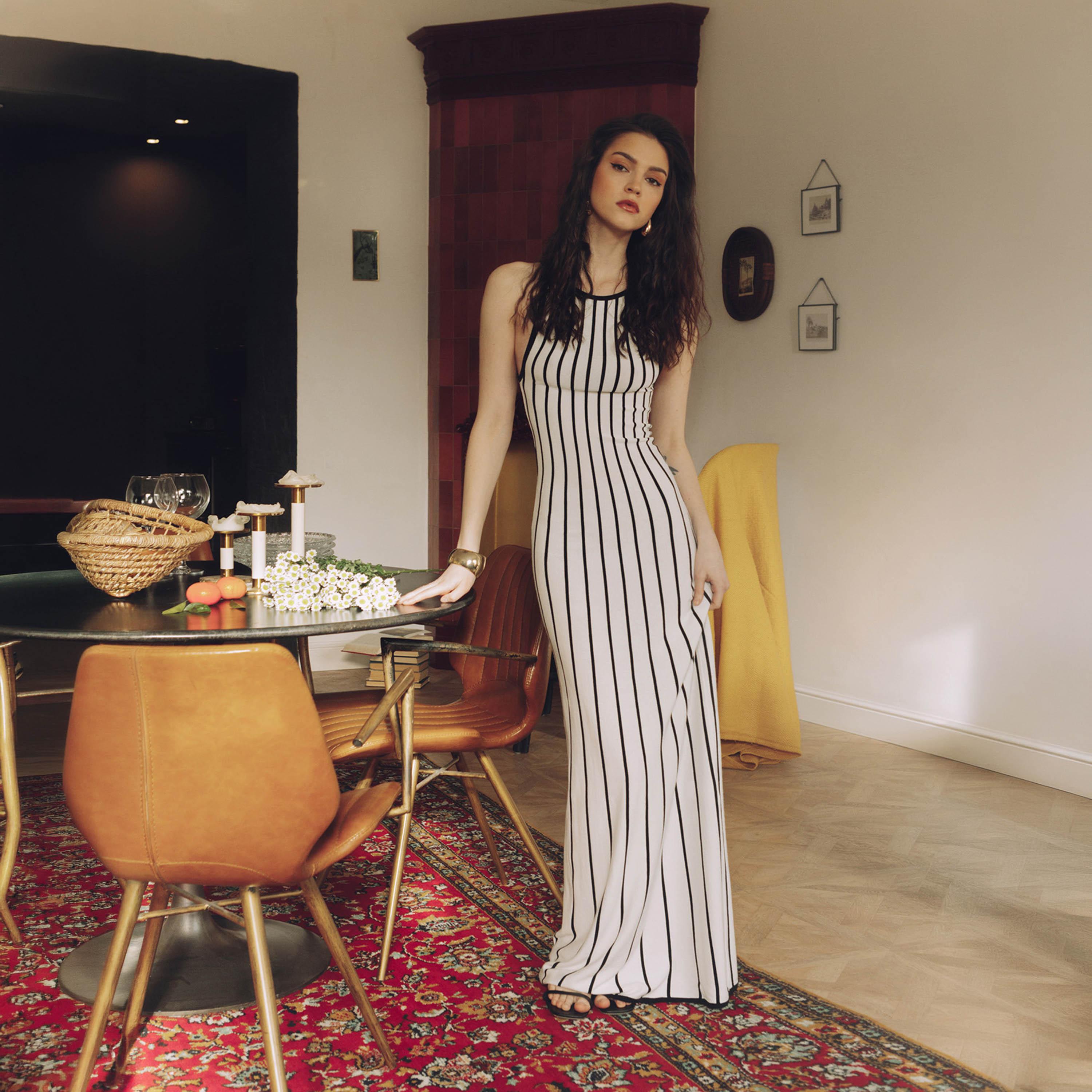 Lichi White Striped Jersey Column Women's Maxi Dress-women-clothing-dresses-image-1
