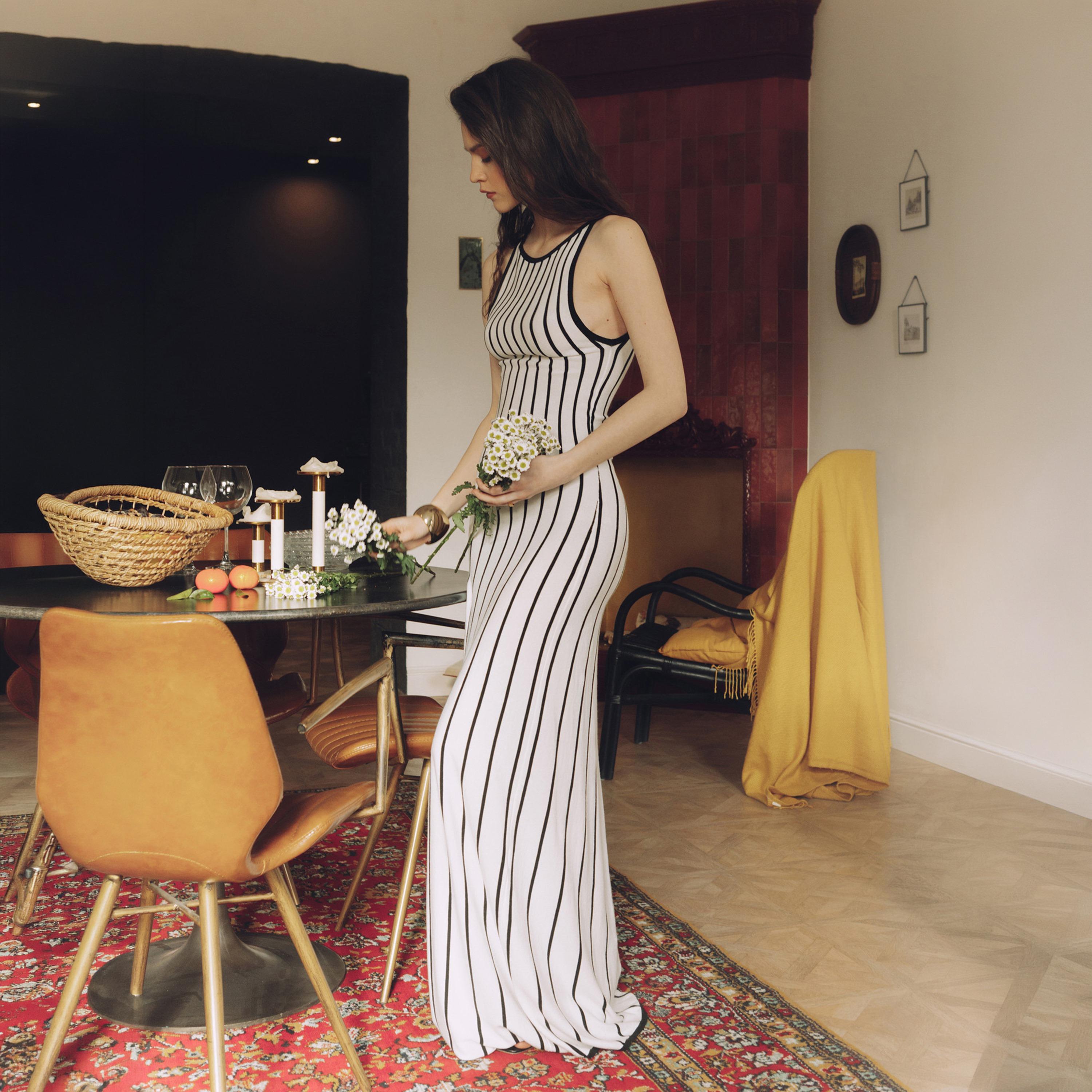 Lichi White Striped Jersey Column Women's Maxi Dress-women-clothing-dresses-image-2