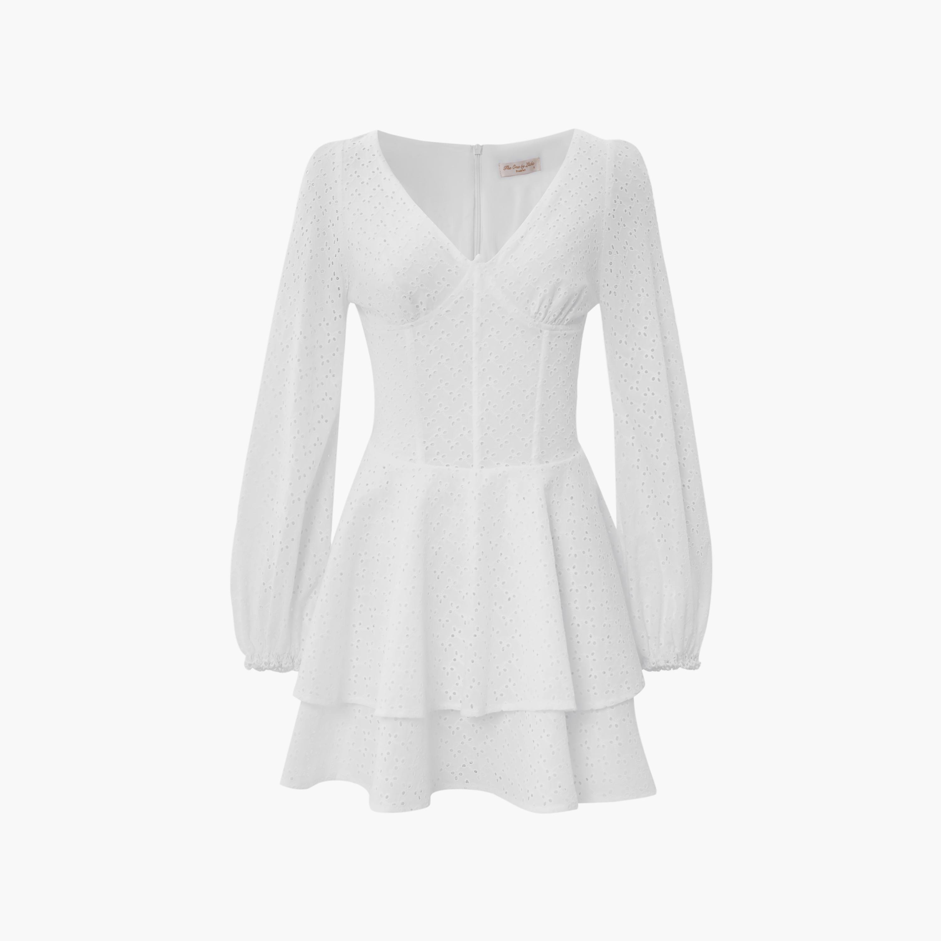 فستان قصير (ميني) كلوش طبقات من القطن المطرز بأكمام بالون للنساء من ليتشي-women-clothing-dresses-image-5