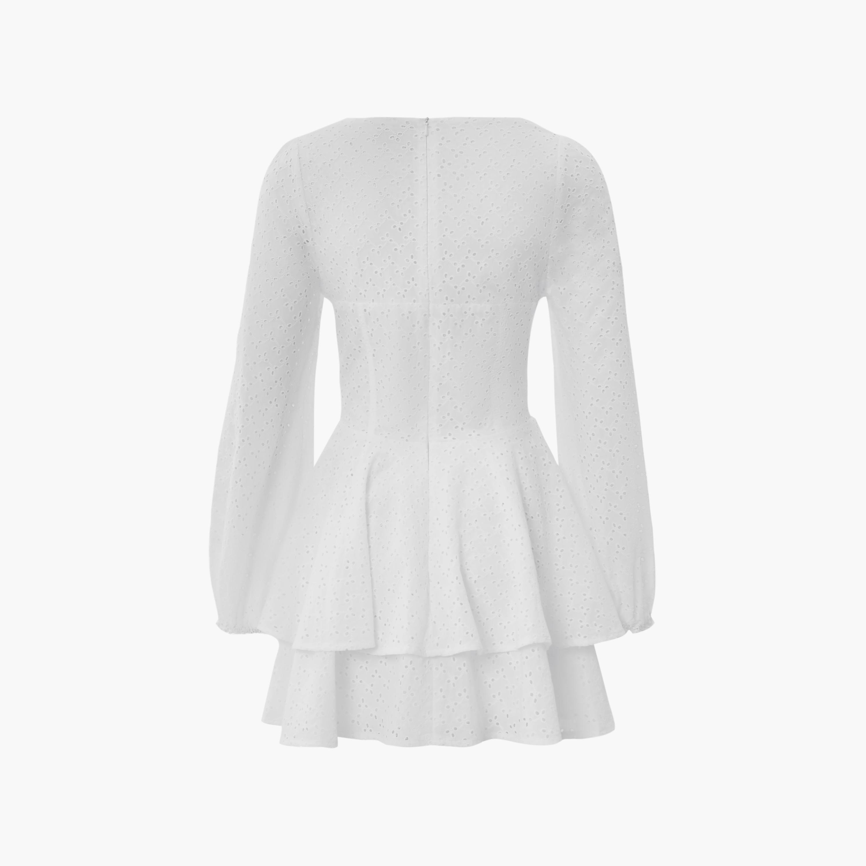 فستان قصير (ميني) كلوش طبقات من القطن المطرز بأكمام بالون للنساء من ليتشي-women-clothing-dresses-image-6