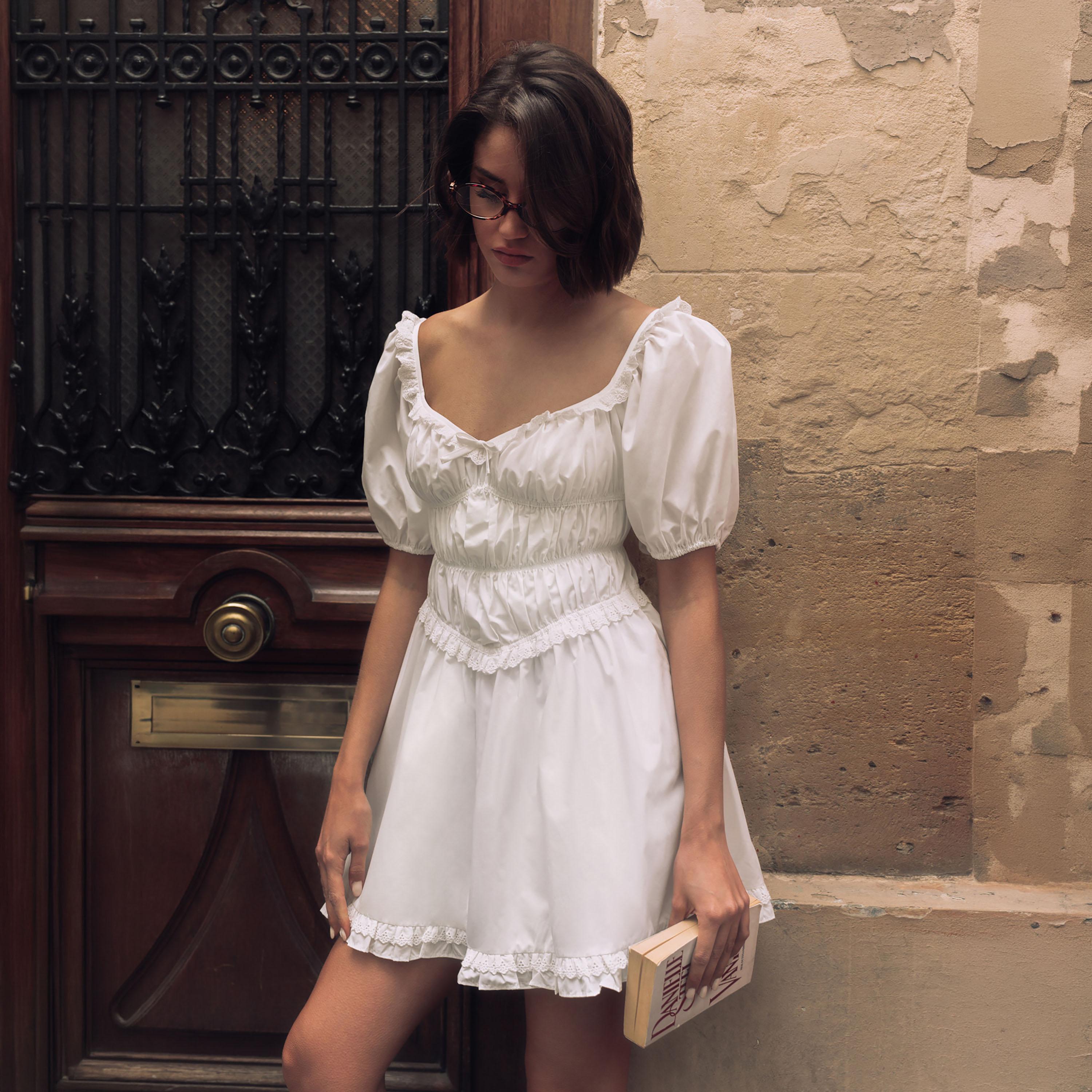 فستان قصير (ميني) كلوش بفتحة رقبة قلب وأكمام منفوخة للنساء من ليتشي-women-clothing-dresses-image-1