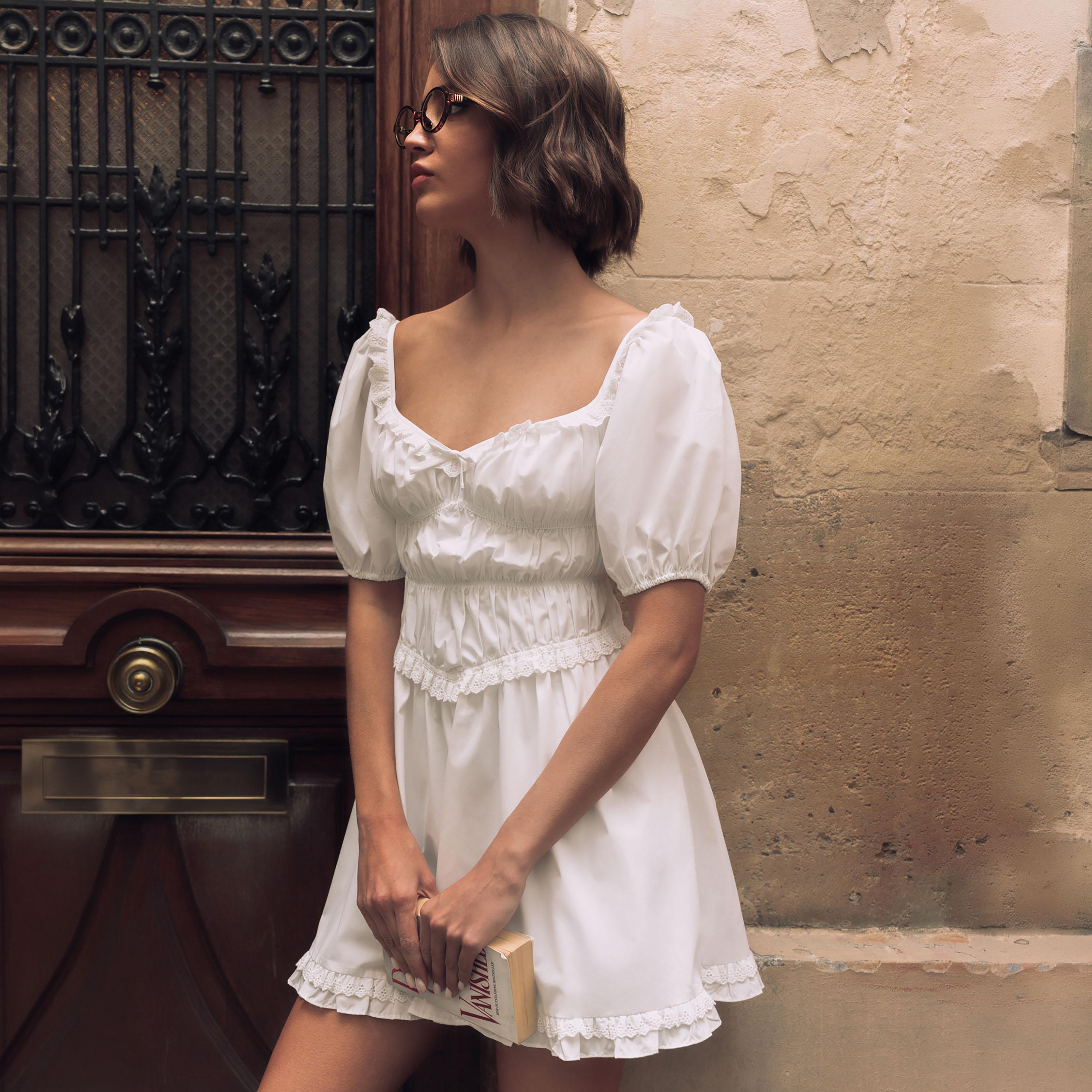 فستان قصير (ميني) كلوش بفتحة رقبة قلب وأكمام منفوخة للنساء من ليتشي-women-clothing-dresses-image-2