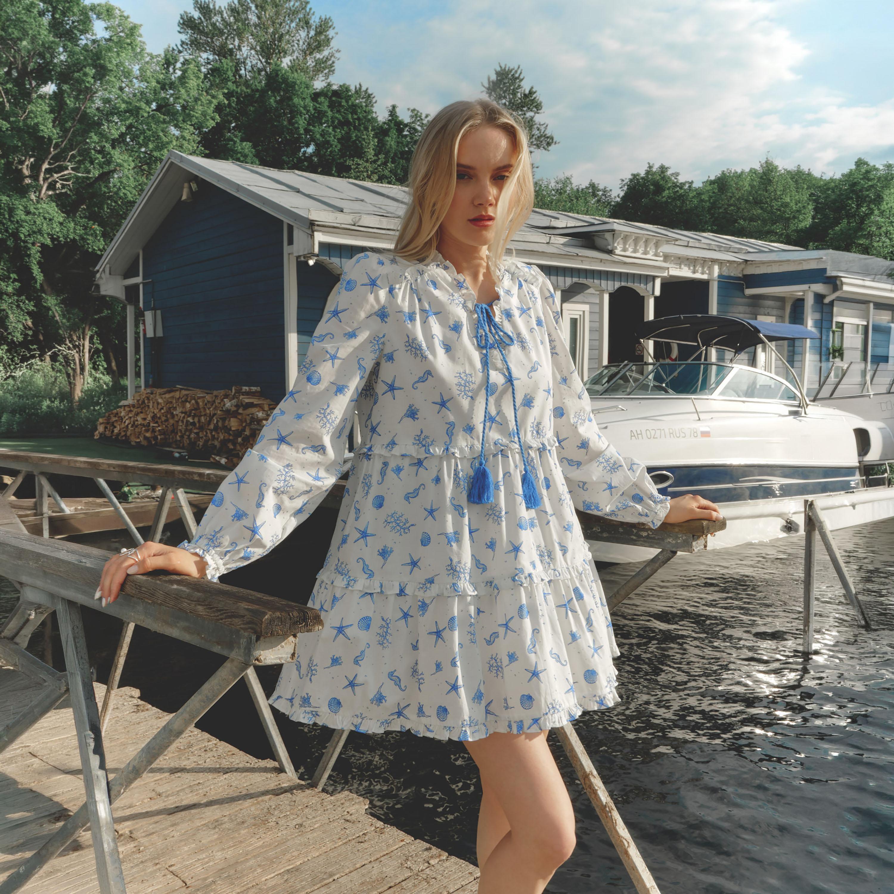 فستان قصير (ميني) قطني طبقات مطبوع بياقة برباط للنساء من ليتشي-women-clothing-dresses-image-1