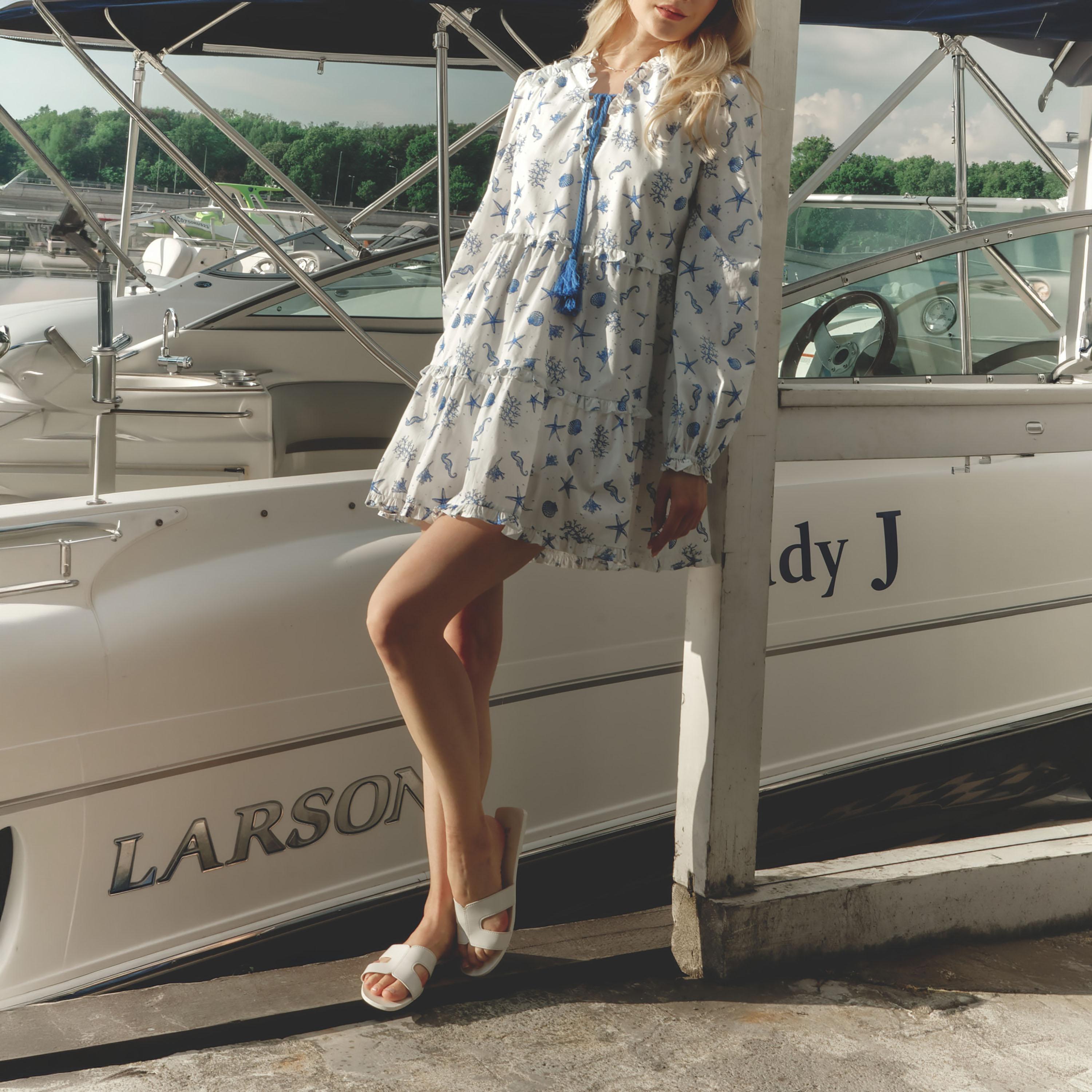 فستان قصير (ميني) قطني طبقات مطبوع بياقة برباط للنساء من ليتشي-women-clothing-dresses-image-3