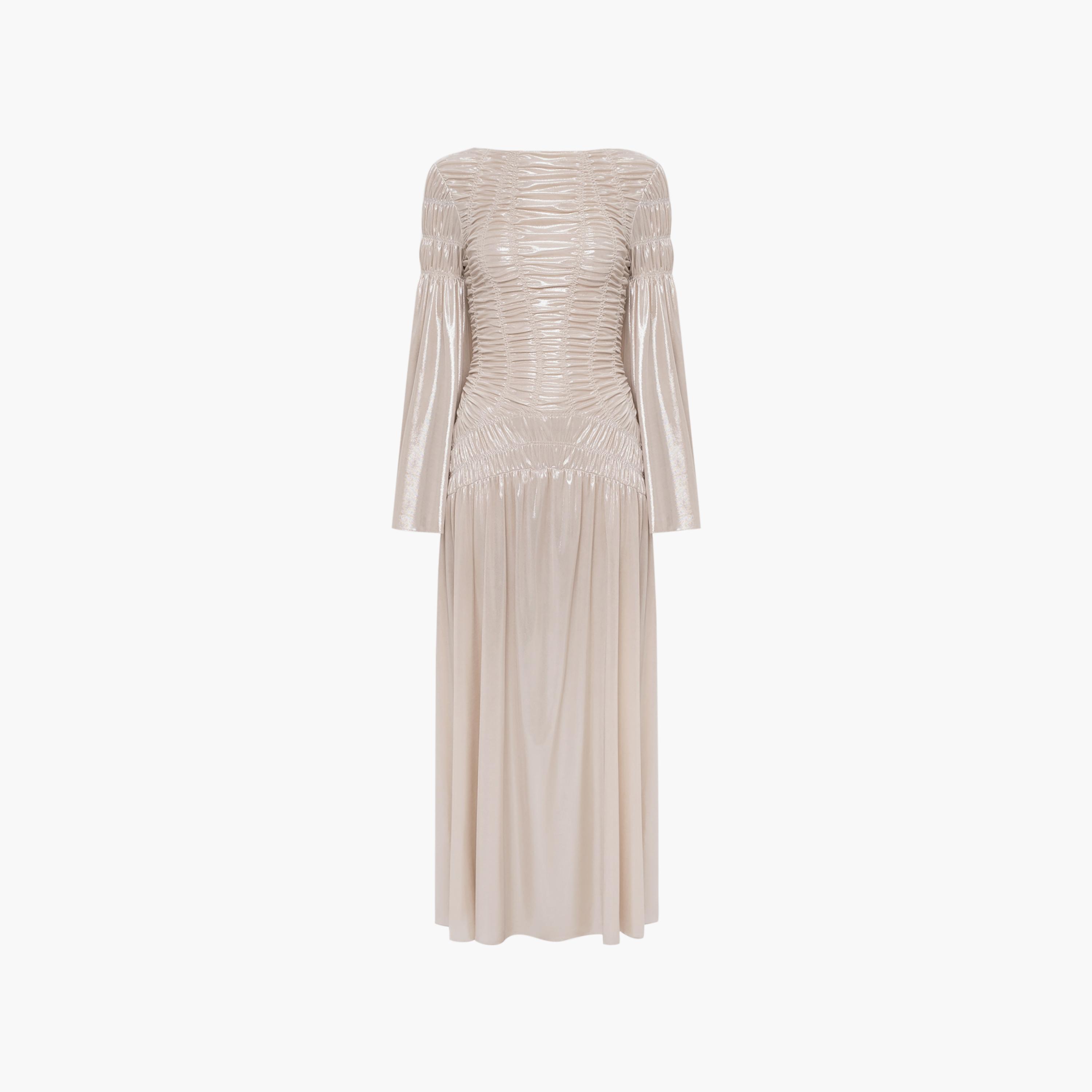 فستان سهرة ماكسي كلوش ستان بأكمام جرس وتفاصيل زم من ليتشي-women-clothing-dresses-image-6