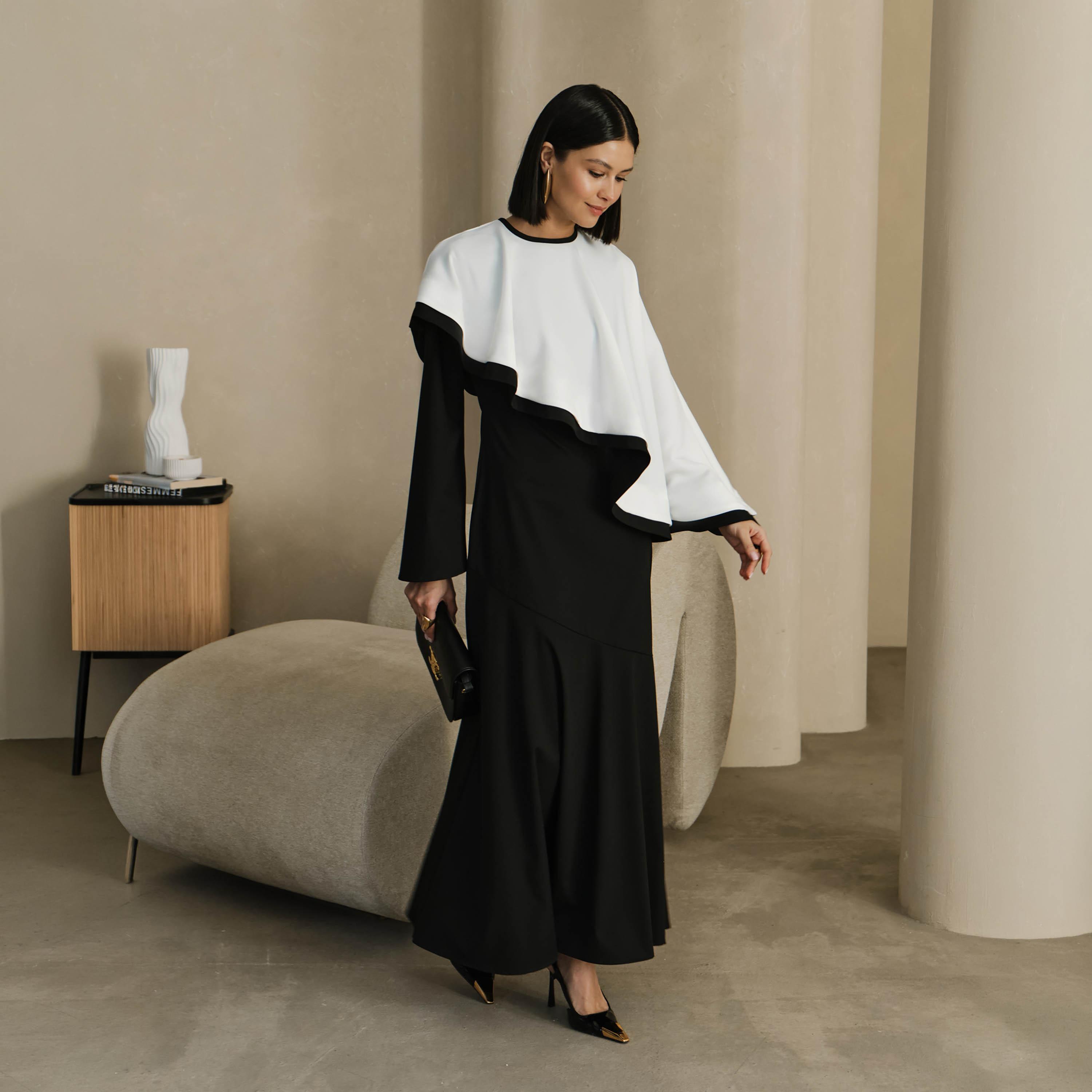 فستان سهرة ماكسي بنمط ألوان متباينة مع كيب للنساء من ليتشي-women-clothing-dresses-image-1