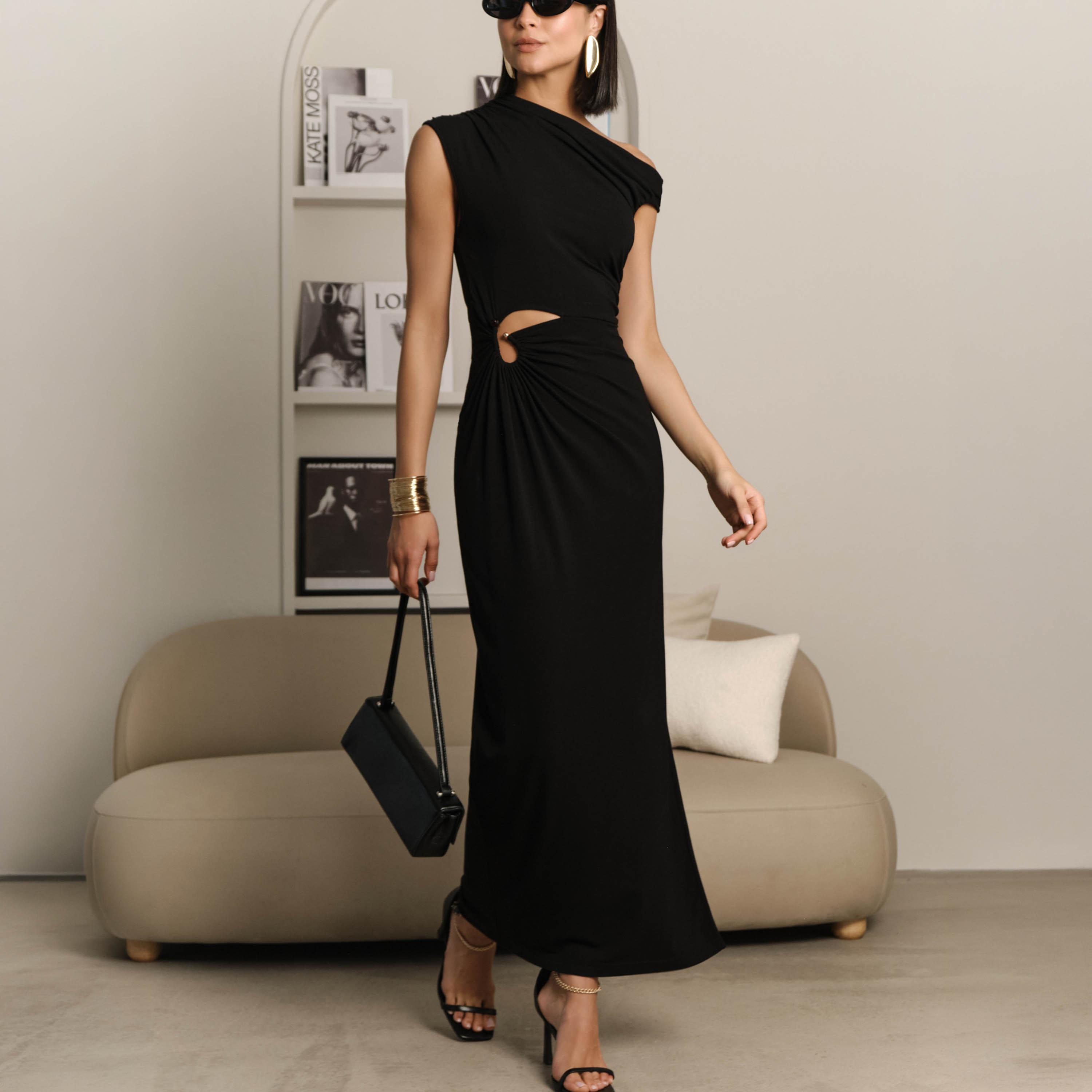 Lichi Black Jersey One-Shoulder Column Women's Maxi Dress-women-clothing-dresses-image-2