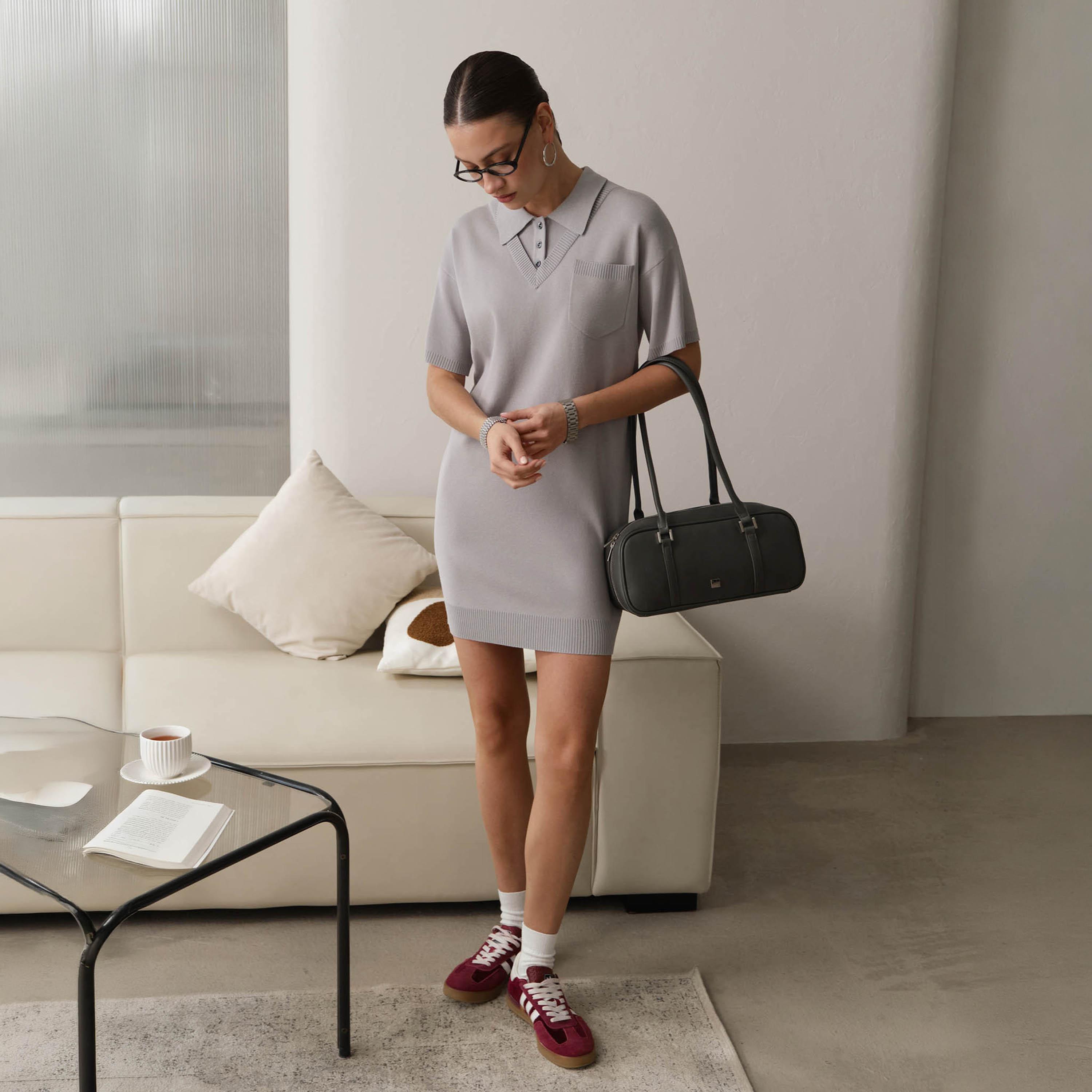 Lichi Grey Jersey Collared Dropped Sleeves T-Shirt Women's Mini Dress-women-clothing-dresses-image-1