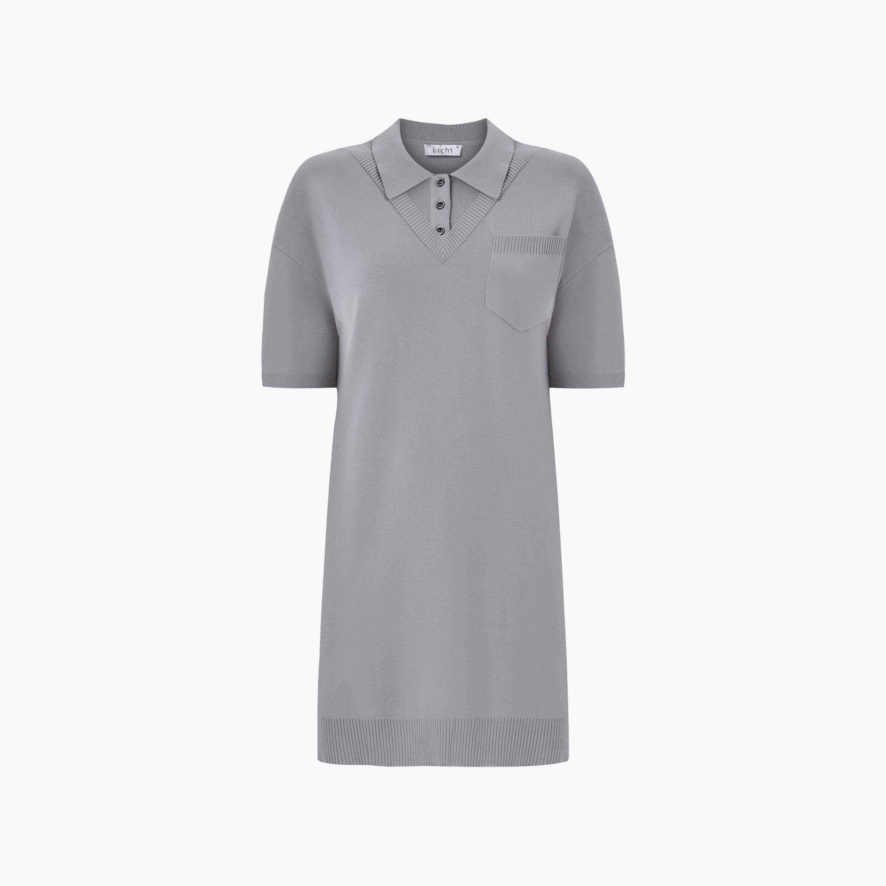 Lichi Grey Jersey Collared Dropped Sleeves T-Shirt Women's Mini Dress-women-clothing-dresses-image-5