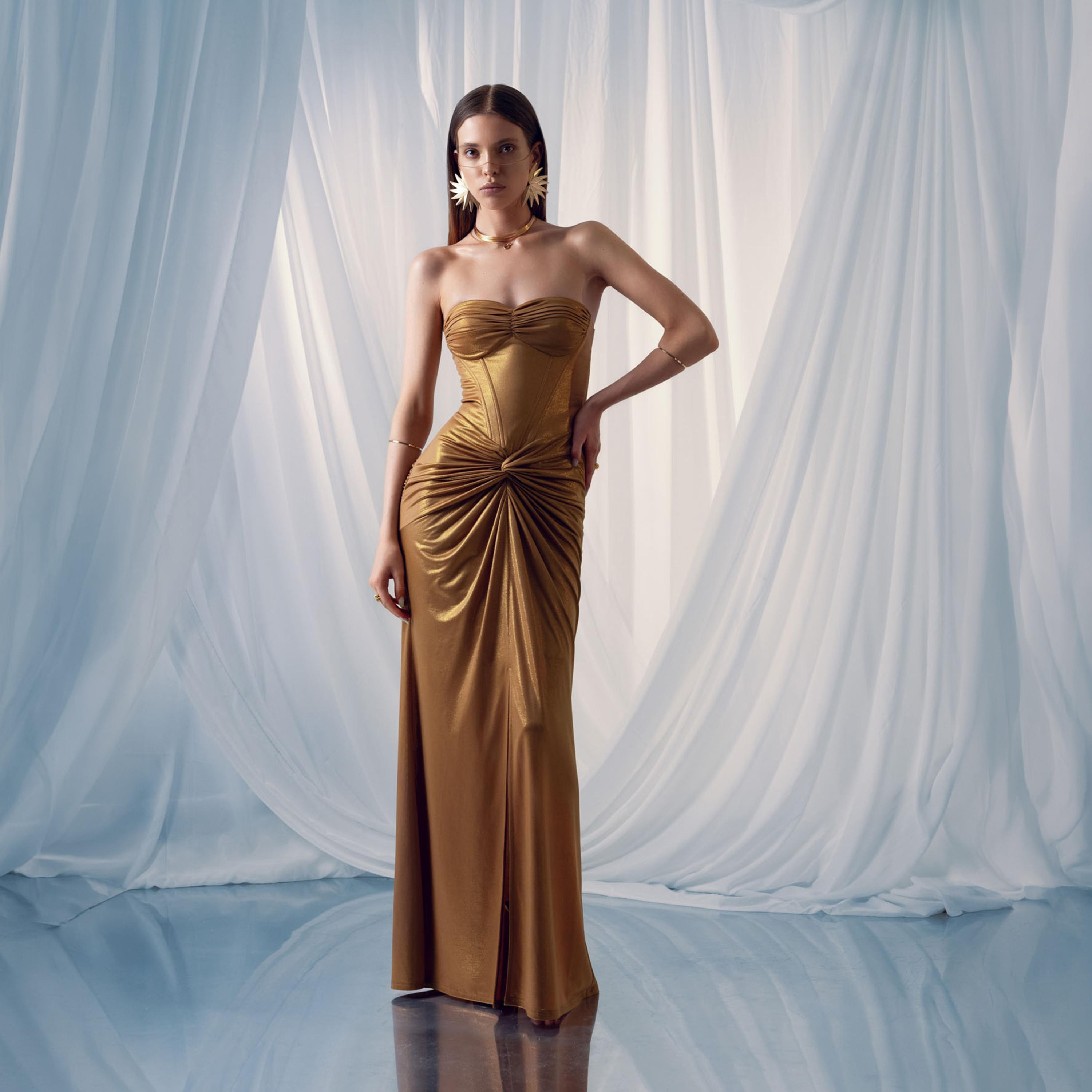 Lichi Gold Twist Knot Ruched Strapless Bandeau Column Women's Maxi Evening Dress-women-clothing-dresses-image-1