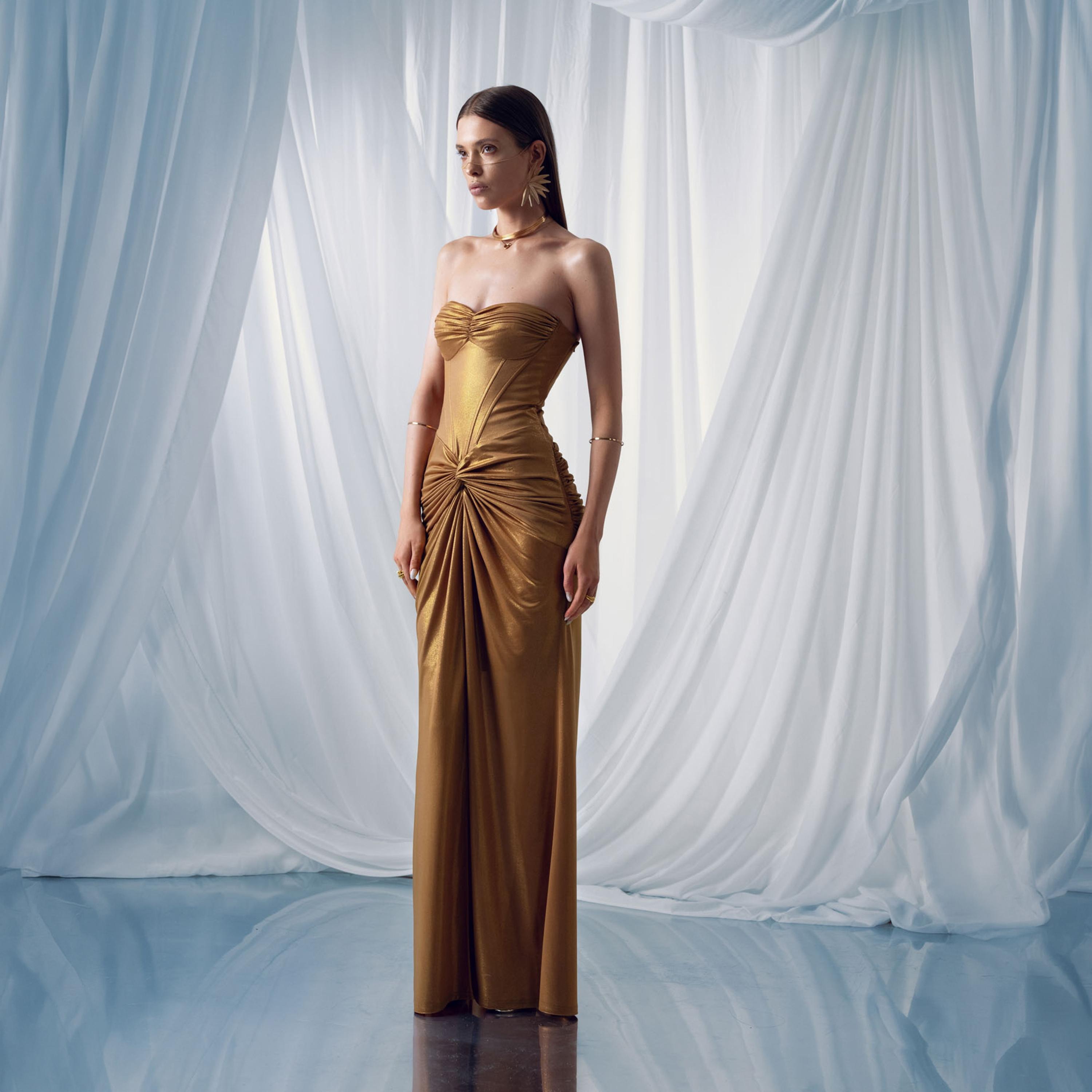 Lichi Gold Twist Knot Ruched Strapless Bandeau Column Women's Maxi Evening Dress-women-clothing-dresses-image-2