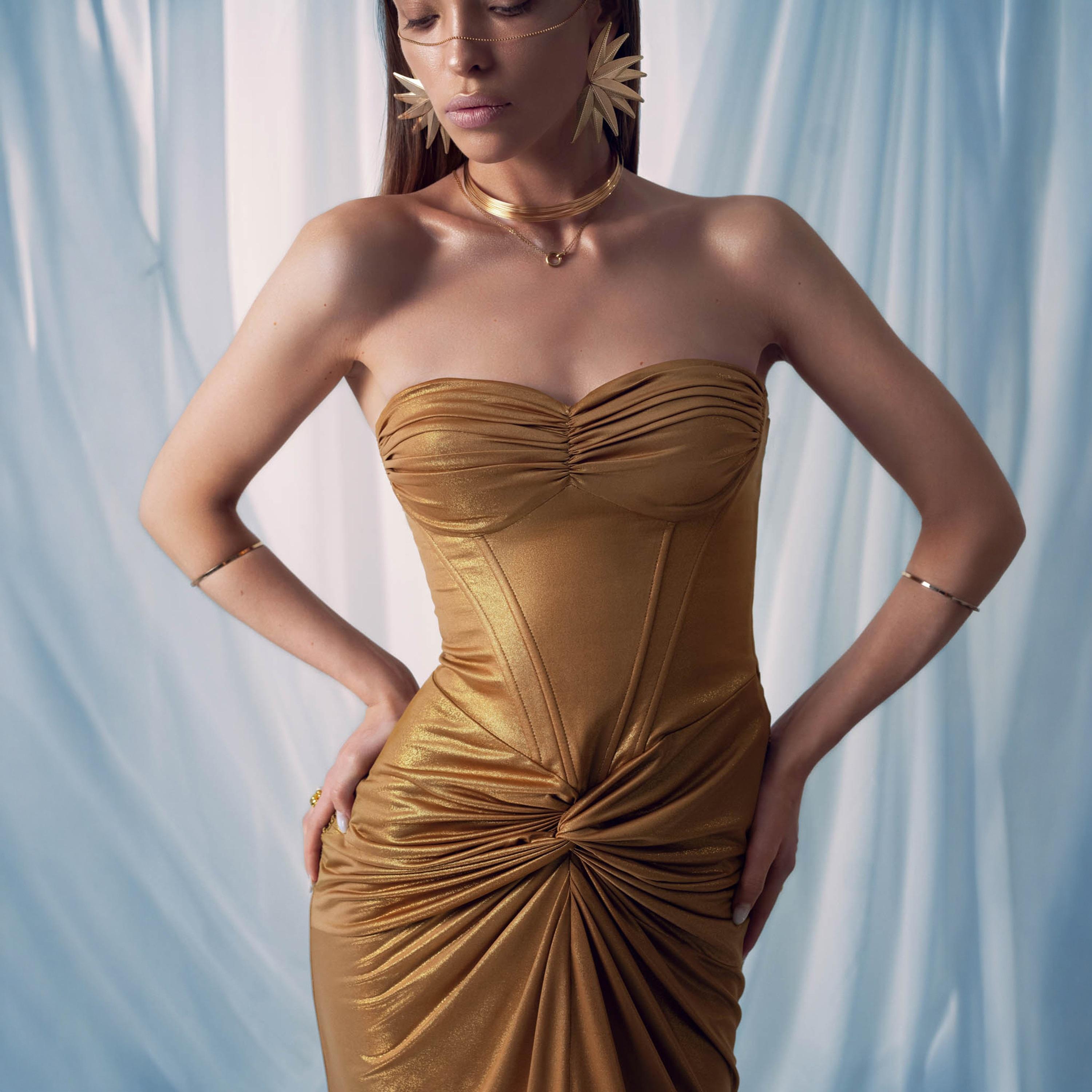 Lichi Gold Twist Knot Ruched Strapless Bandeau Column Women's Maxi Evening Dress-women-clothing-dresses-image-4