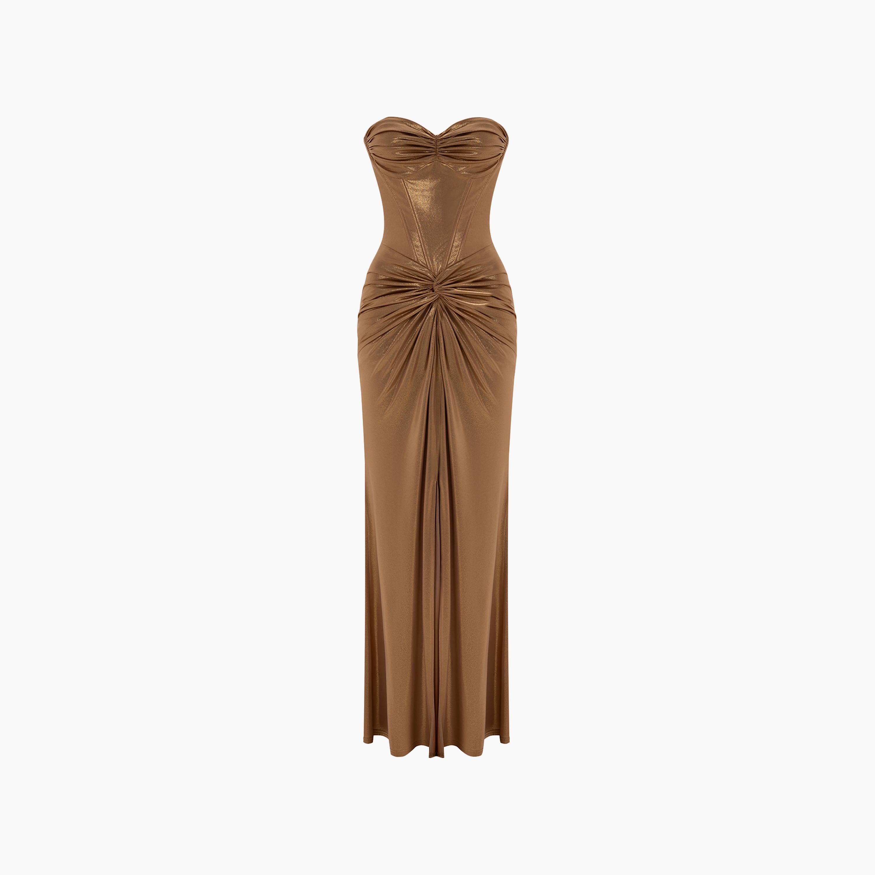 Lichi Gold Twist Knot Ruched Strapless Bandeau Column Women's Maxi Evening Dress-women-clothing-dresses-image-5