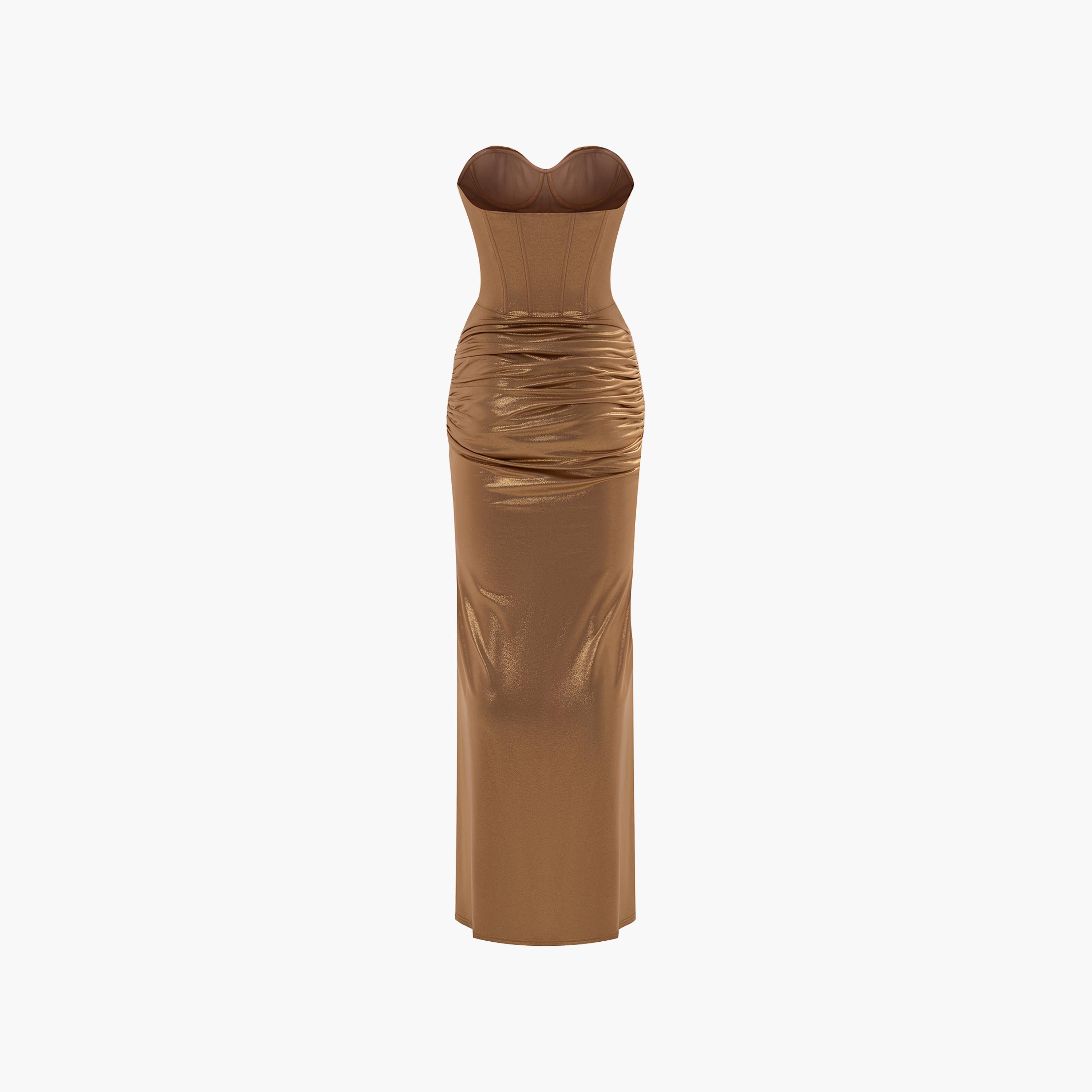 Lichi Gold Twist Knot Ruched Strapless Bandeau Column Women's Maxi Evening Dress-women-clothing-dresses-image-6