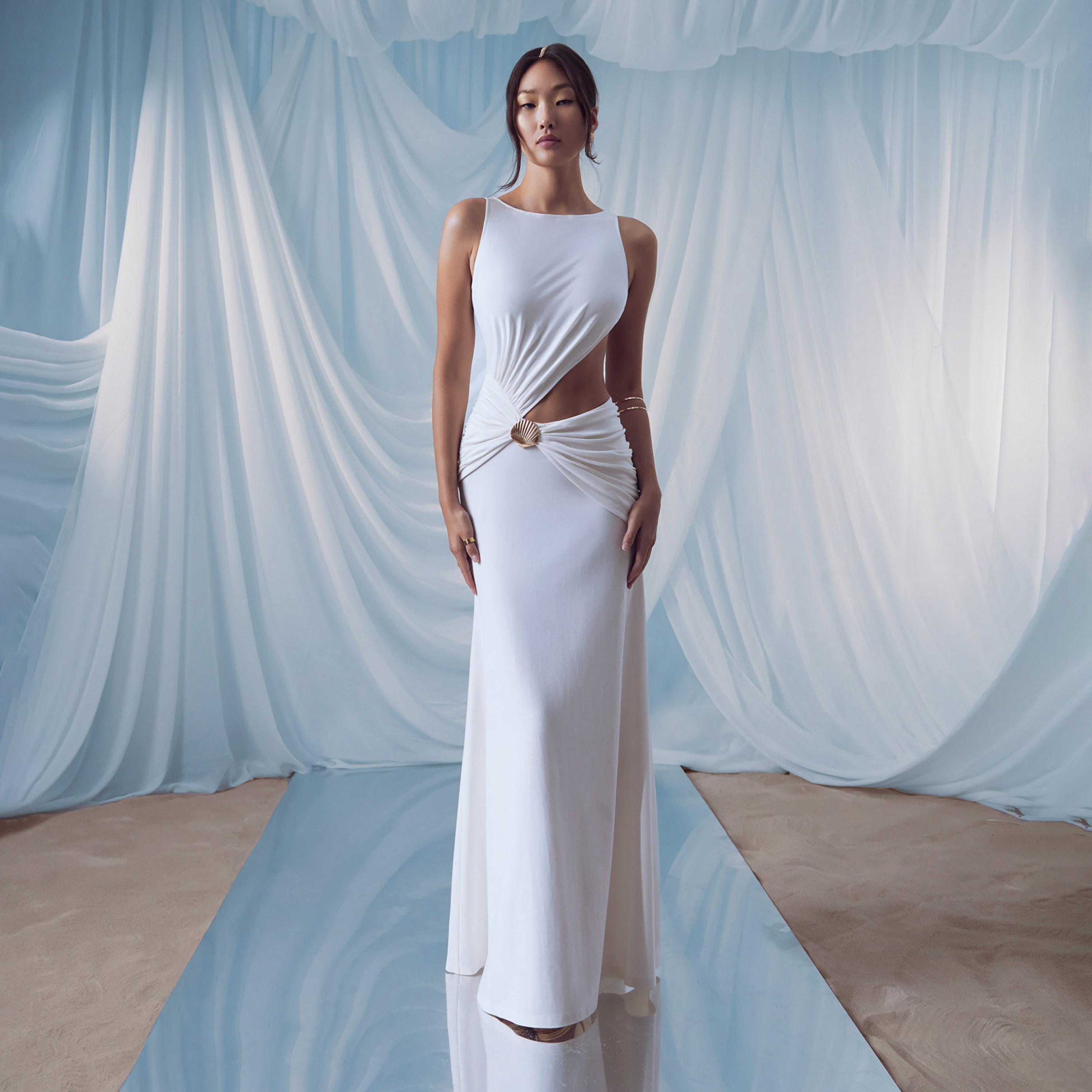 فستان سهرة ماكسي مستقيم (عمودي) بتفاصيل درابيه للنساء من ليتشي-women-clothing-dresses-image-1