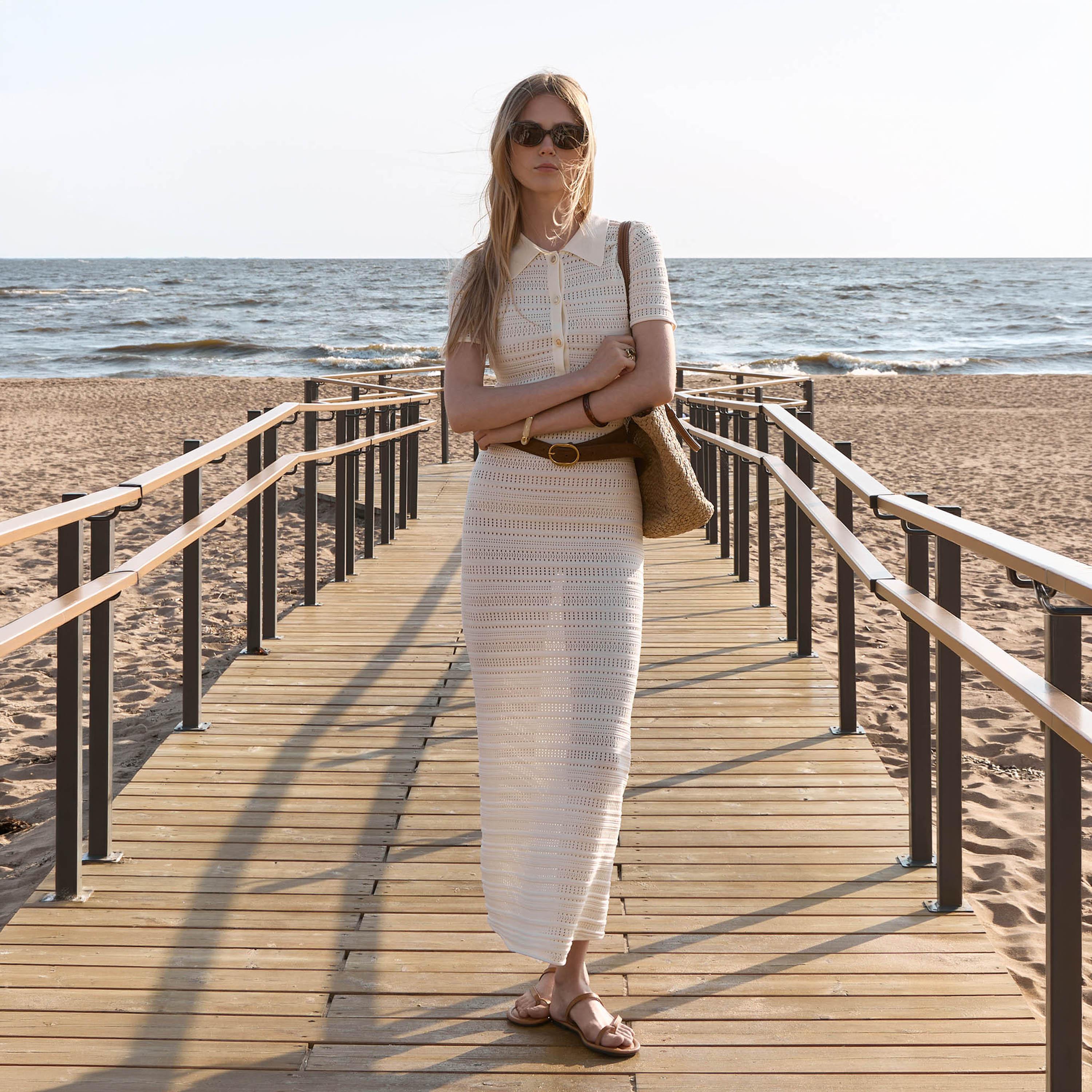 Lichi Cream Openwork Knit Collared T-Shirt Women's Maxi Dress-women-clothing-dresses-image-1