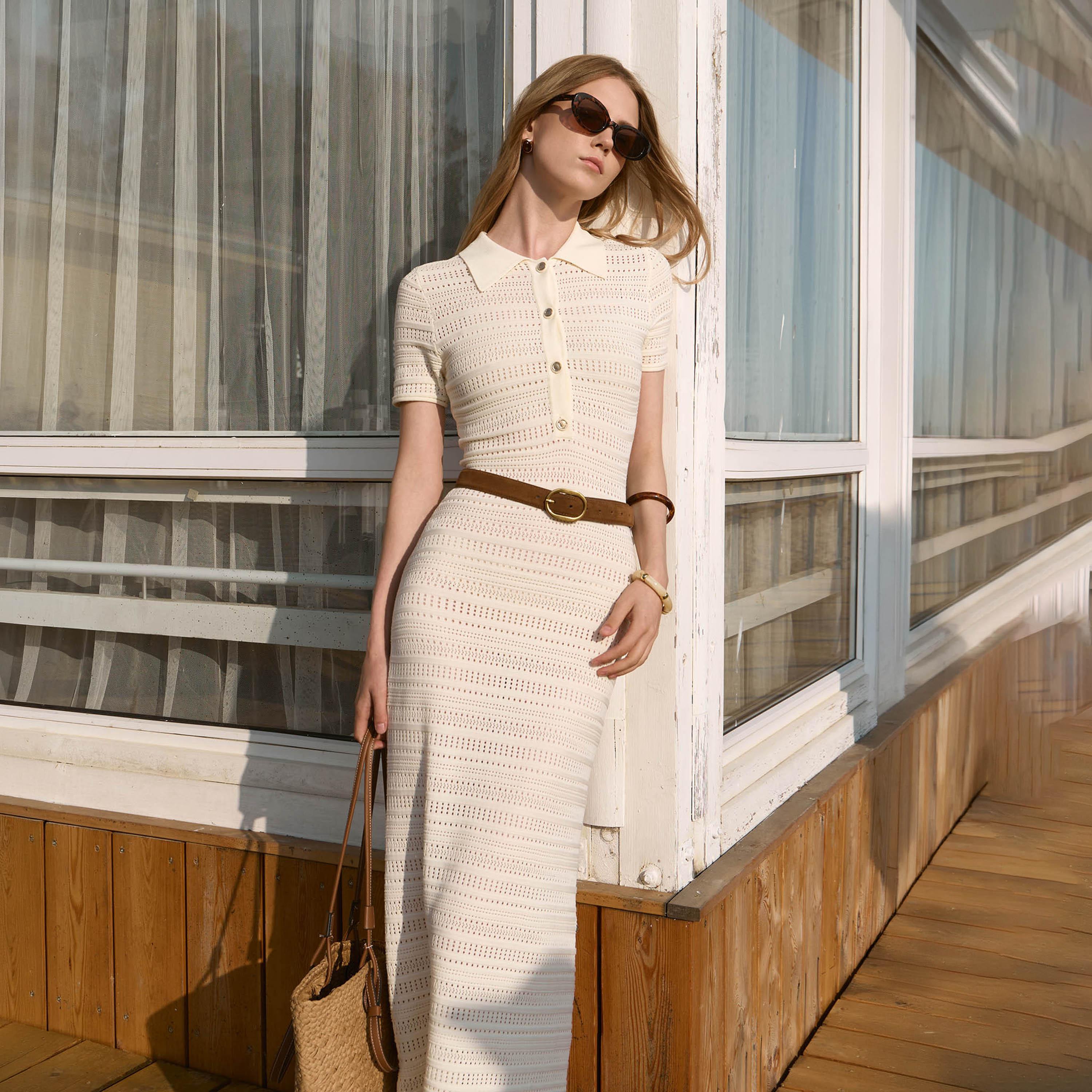 Lichi Cream Openwork Knit Collared T-Shirt Women's Maxi Dress-women-clothing-dresses-image-2