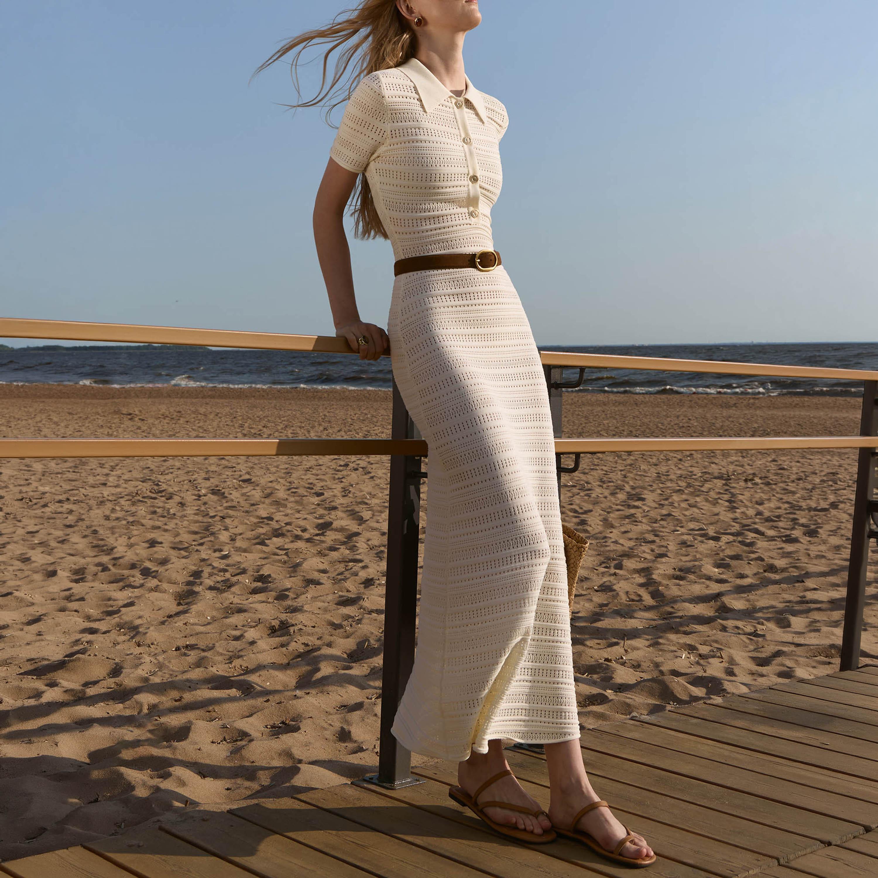 Lichi Cream Openwork Knit Collared T-Shirt Women's Maxi Dress-women-clothing-dresses-image-4