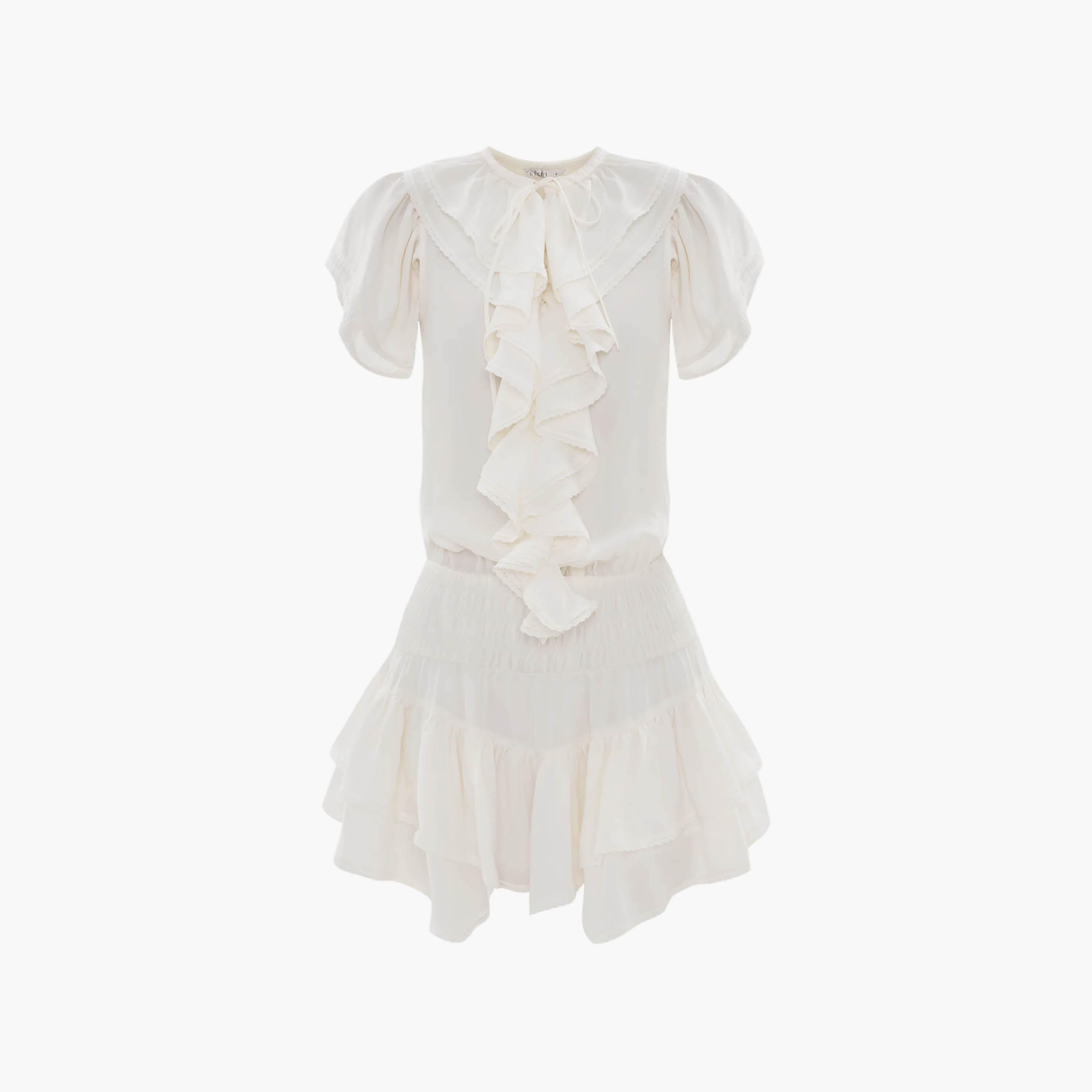 فستان قصير (ميني) بخصر منخفض وأكمام كاب مع ياقة برباط للنساء من ليتشي-women-clothing-dresses-image-5