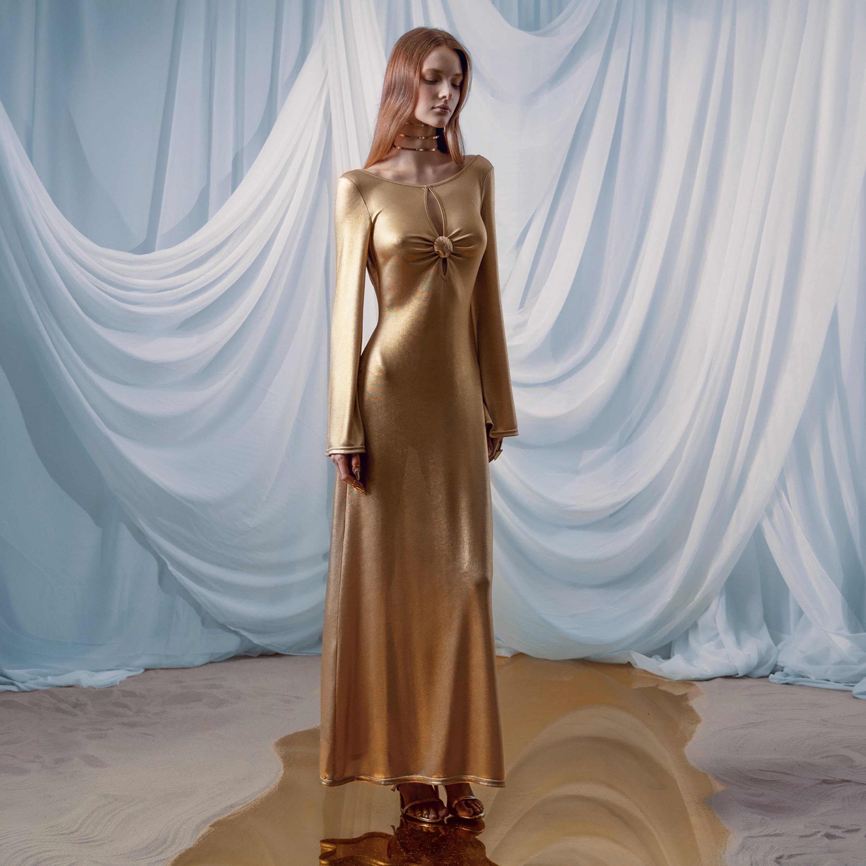 Lichi Gold Jersey Metallic Satin Flared Sleeves Column Women's Evening Maxi Dress-women-clothing-dresses-image-1