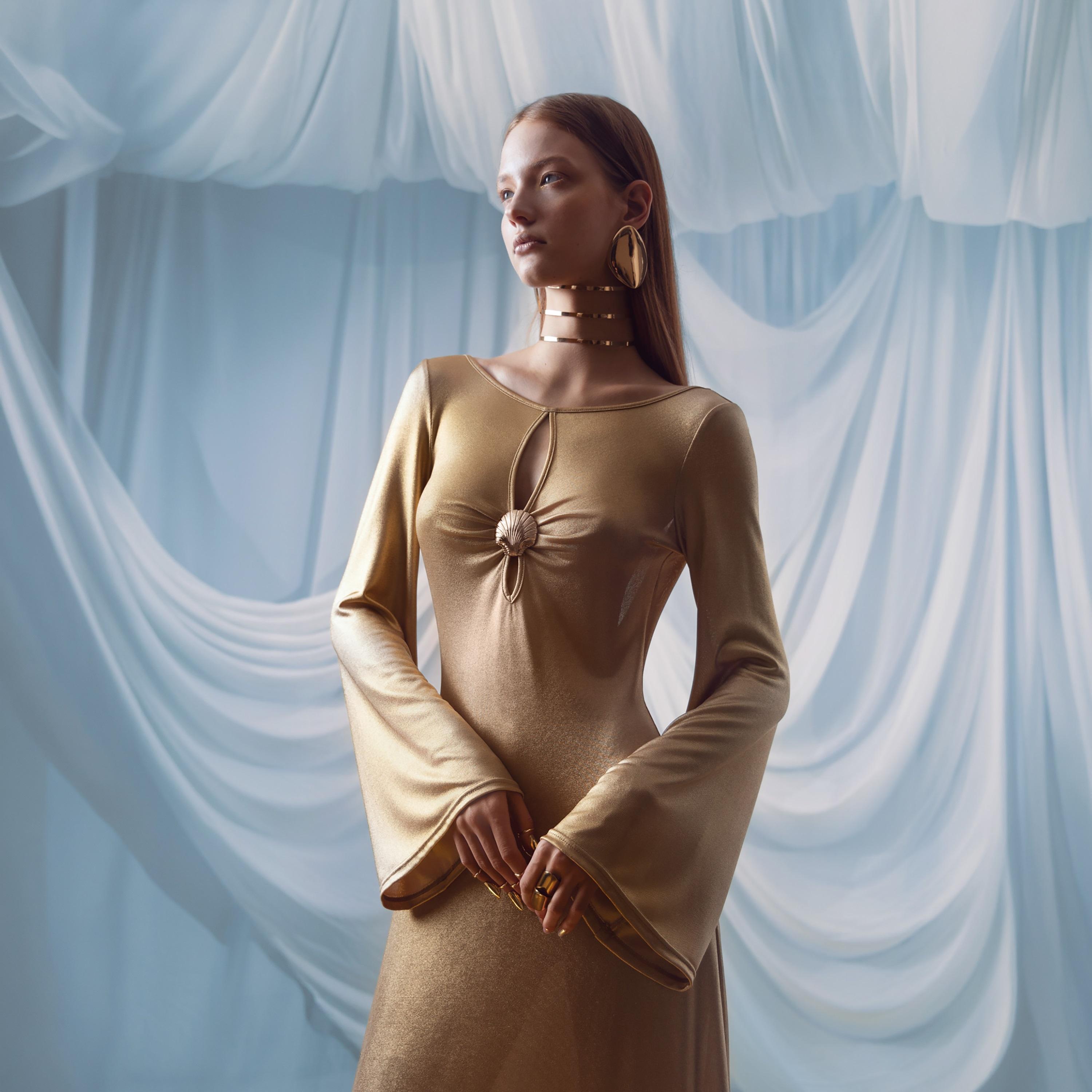 Lichi Gold Jersey Metallic Satin Flared Sleeves Column Women's Evening Maxi Dress-women-clothing-dresses-image-2