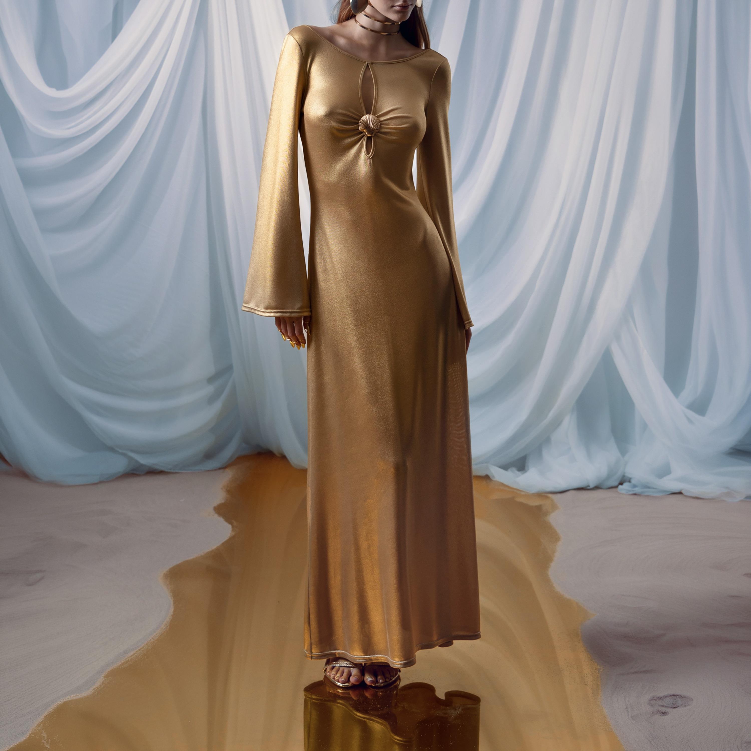 Lichi Gold Jersey Metallic Satin Flared Sleeves Column Women's Evening Maxi Dress-women-clothing-dresses-image-3