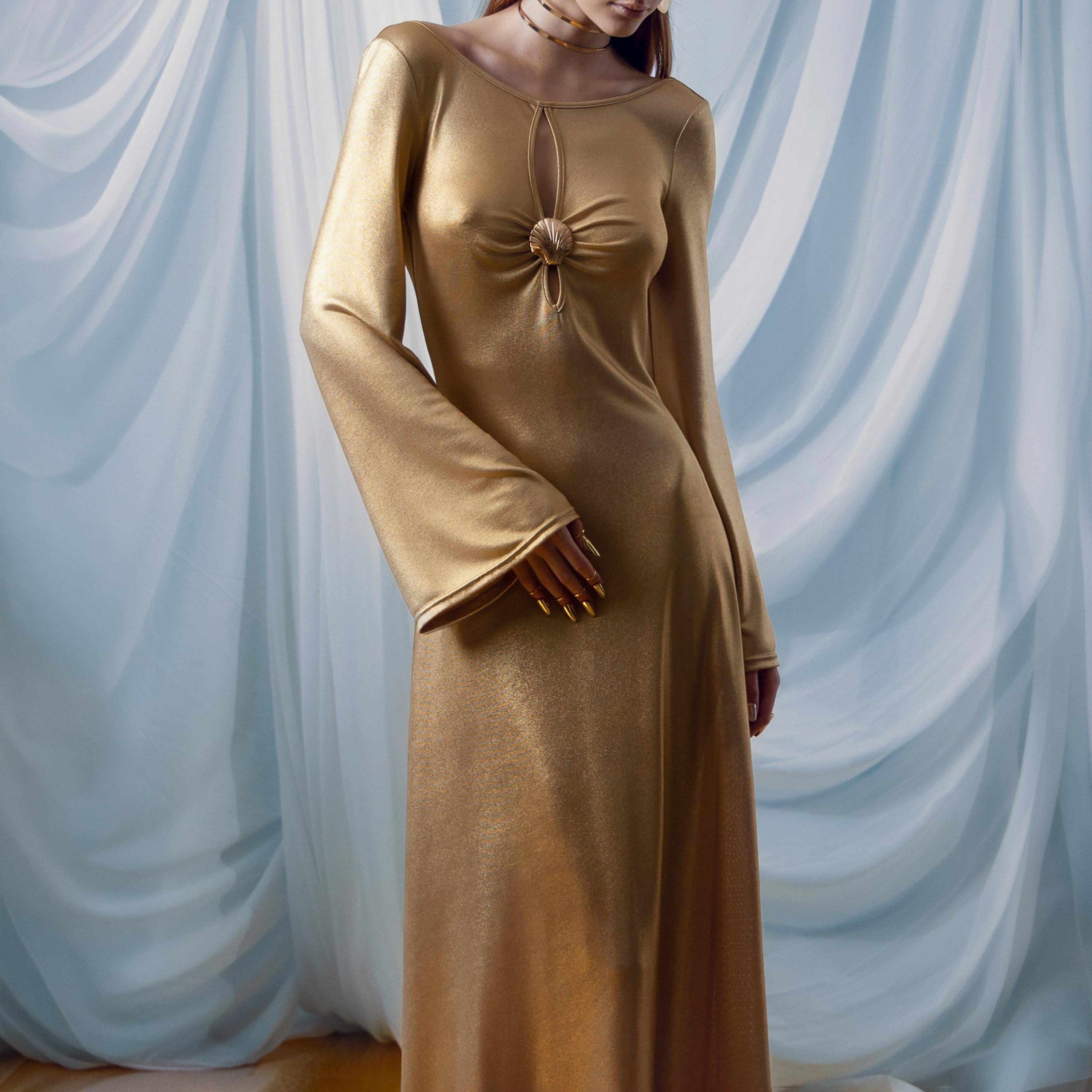 Lichi Gold Jersey Metallic Satin Flared Sleeves Column Women's Evening Maxi Dress-women-clothing-dresses-image-4