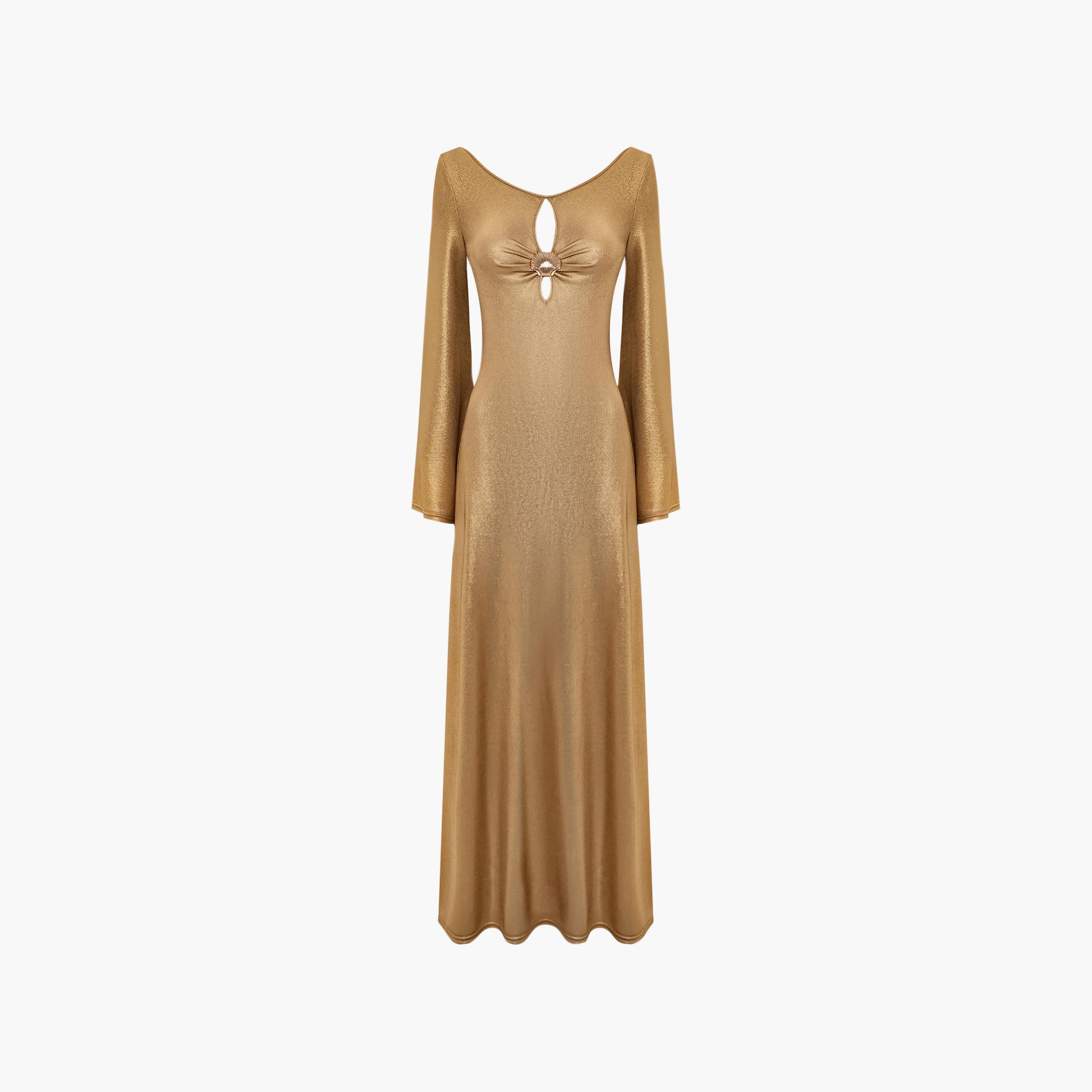 Lichi Gold Jersey Metallic Satin Flared Sleeves Column Women's Evening Maxi Dress-women-clothing-dresses-image-5