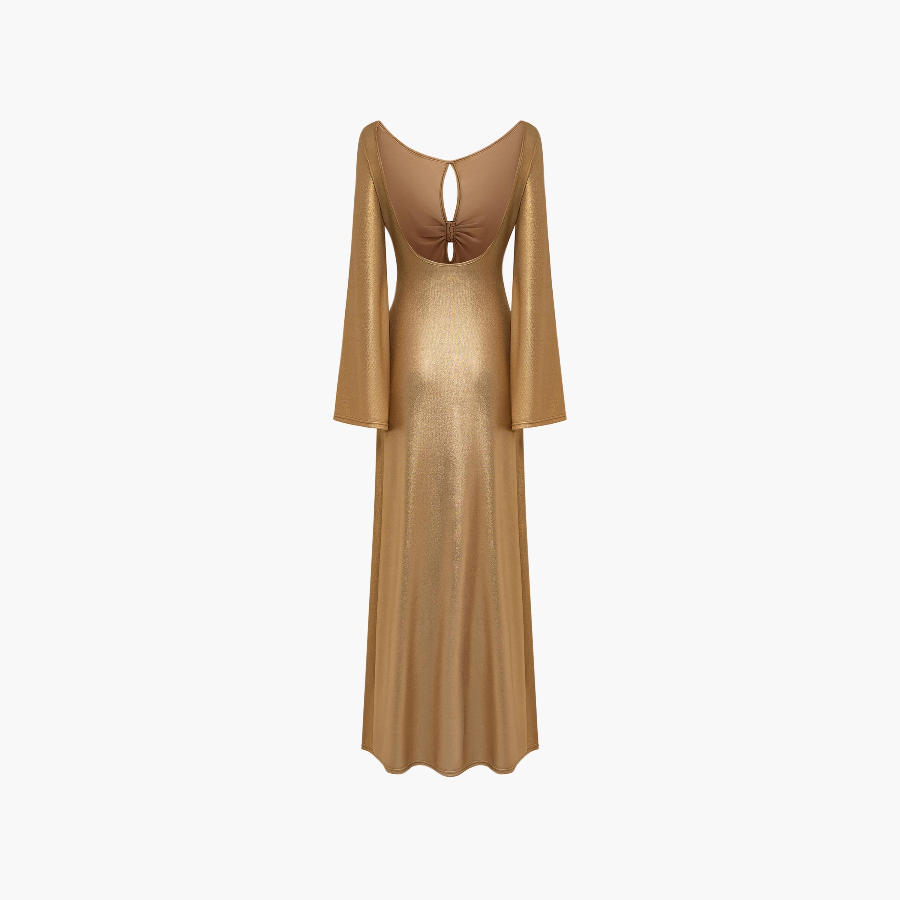 Lichi Gold Jersey Metallic Satin Flared Sleeves Column Women's Evening Maxi Dress-women-clothing-dresses-image-6