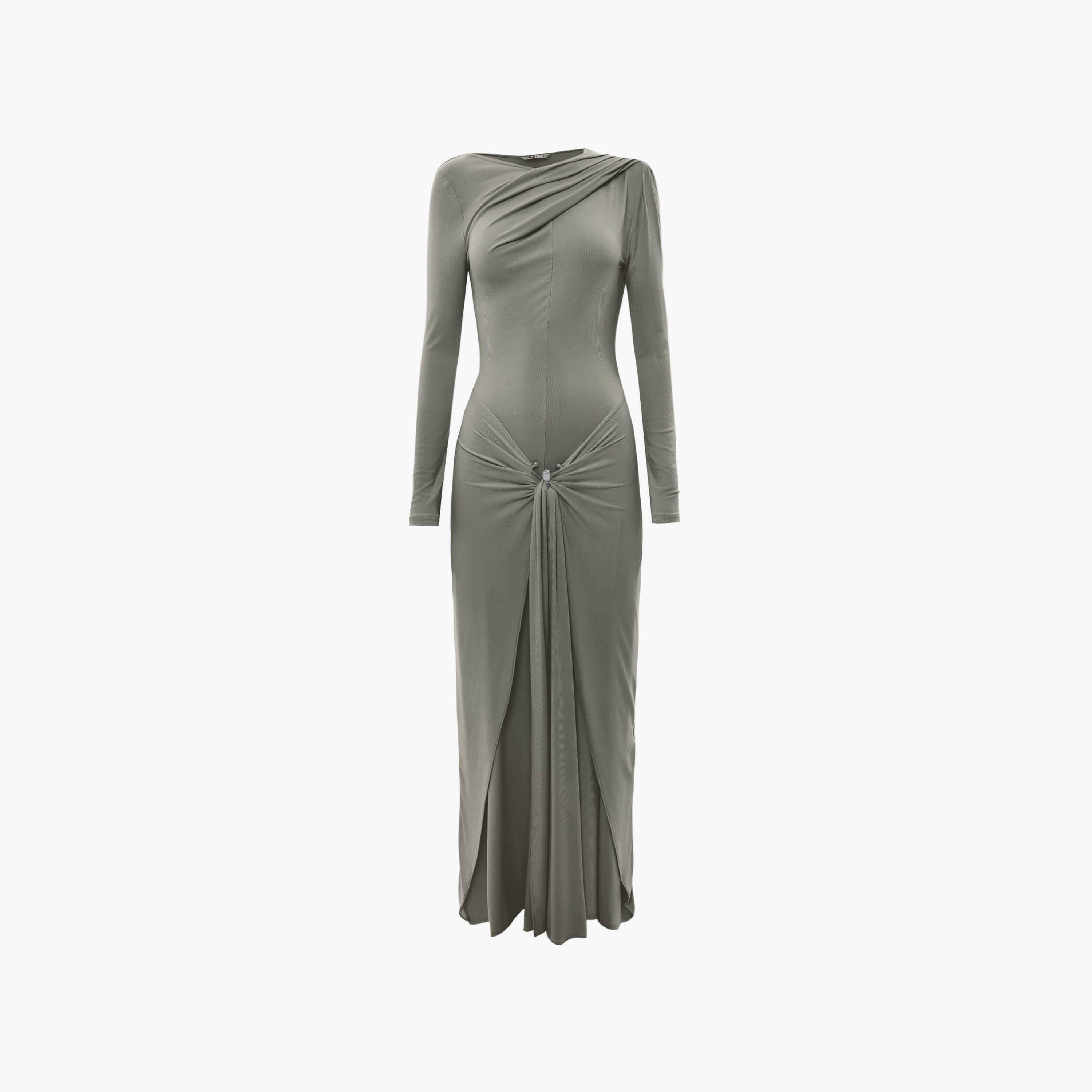 فستان ماكسي مستقيم (عمودي) بياقة غير متماثلة ودرابيه للنساء من ليتشي-women-clothing-dresses-image-5