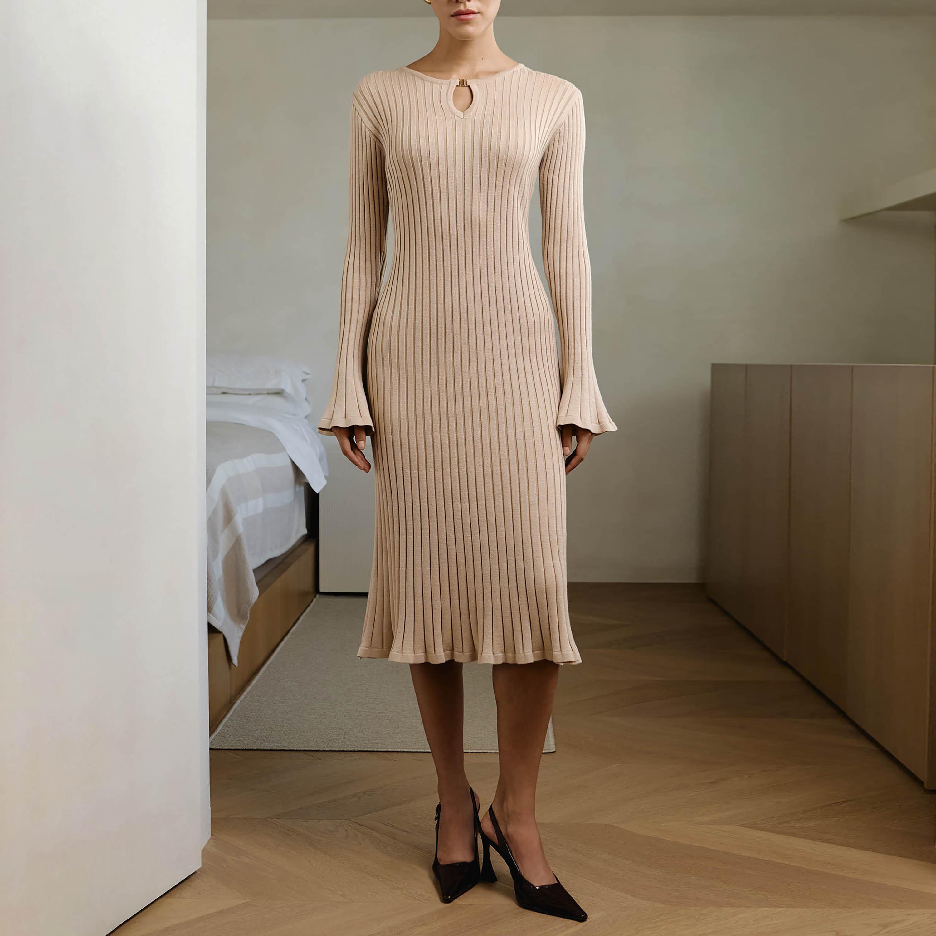 Lichi Ribbed Keyhole Neck Bell Sleeves Sheath Women's Midi Dress-women-clothing-dresses-image-1