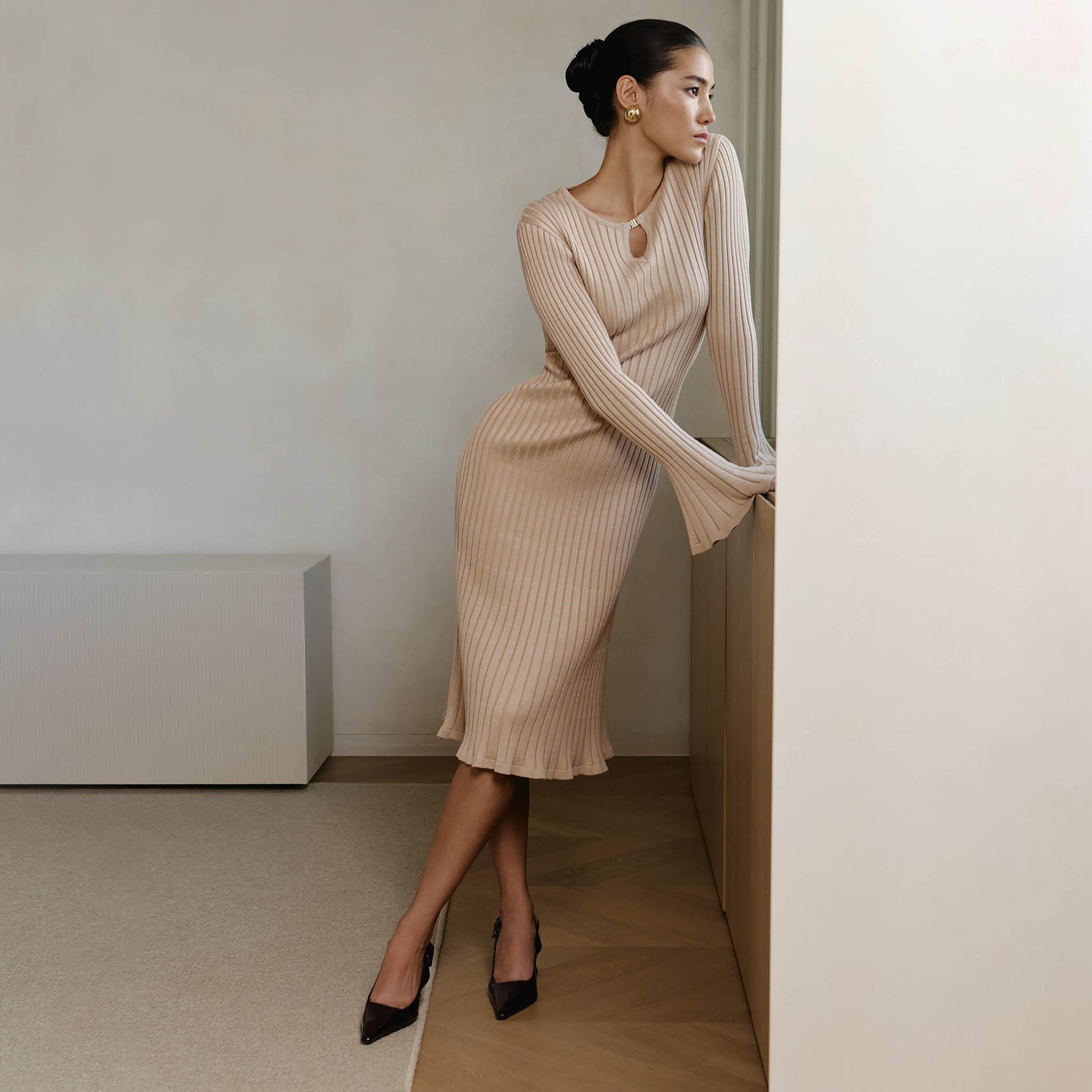 Lichi Ribbed Keyhole Neck Bell Sleeves Sheath Women's Midi Dress-women-clothing-dresses-image-3