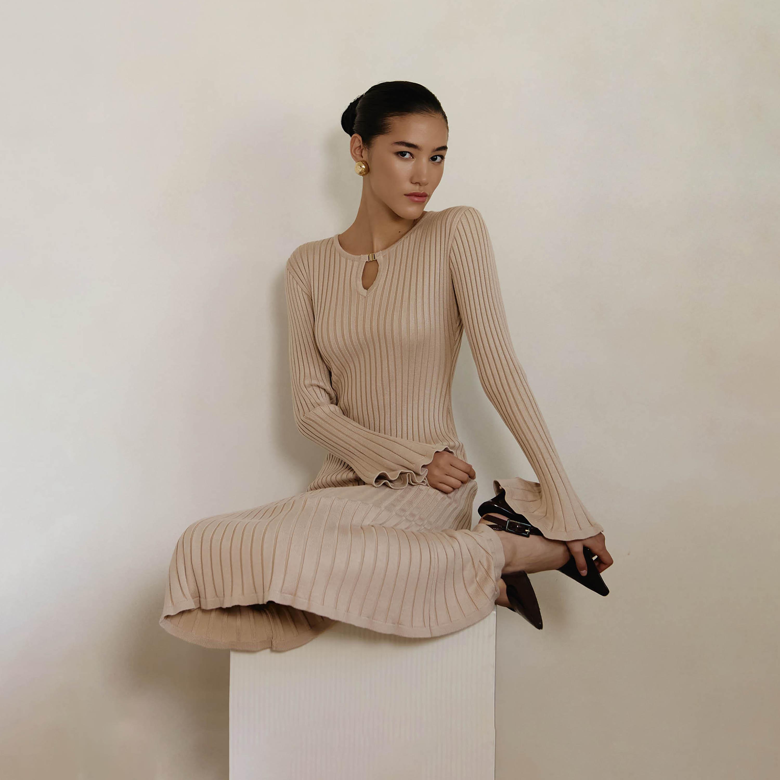 Lichi Ribbed Keyhole Neck Bell Sleeves Sheath Women's Midi Dress-women-clothing-dresses-image-4