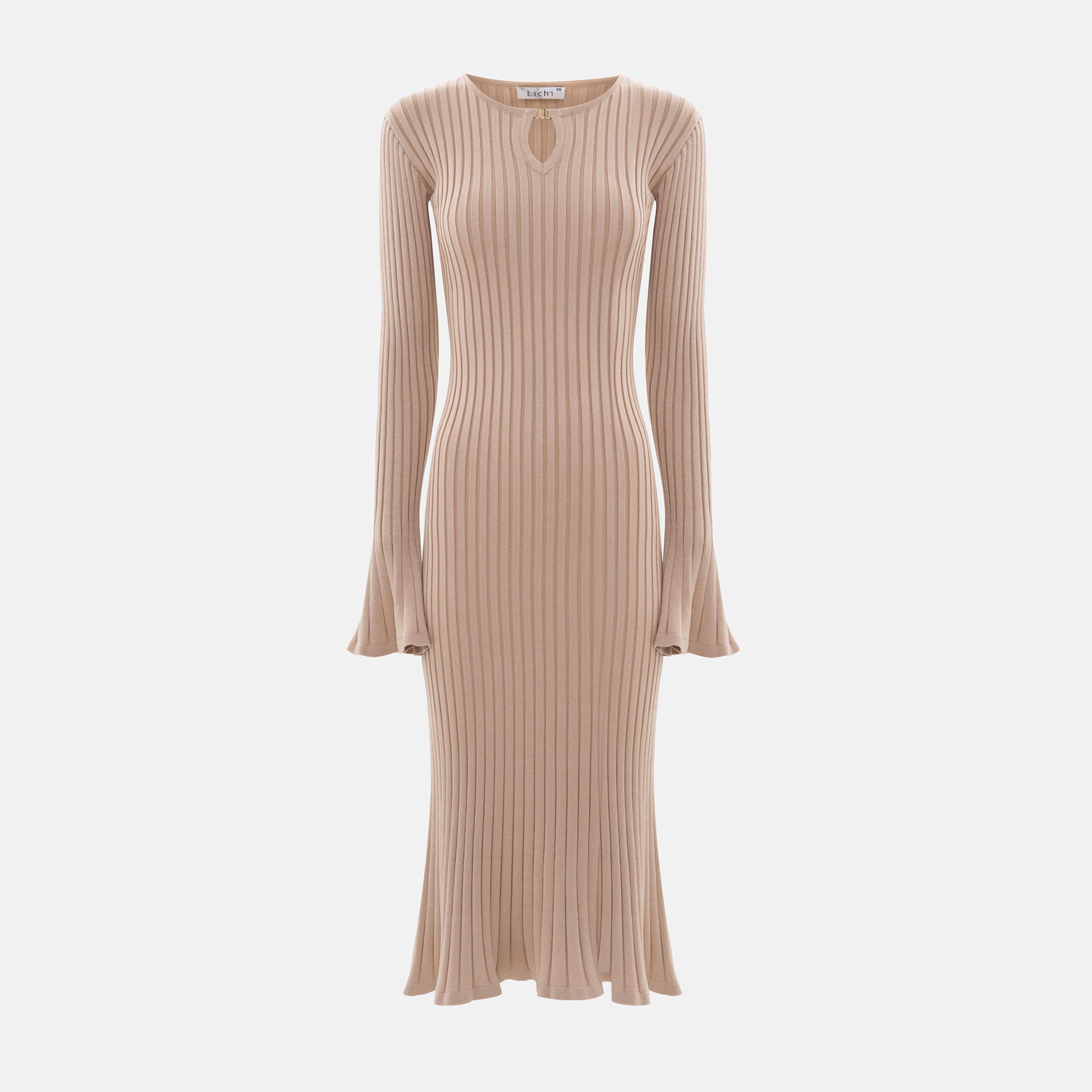Lichi Ribbed Keyhole Neck Bell Sleeves Sheath Women's Midi Dress-women-clothing-dresses-image-5