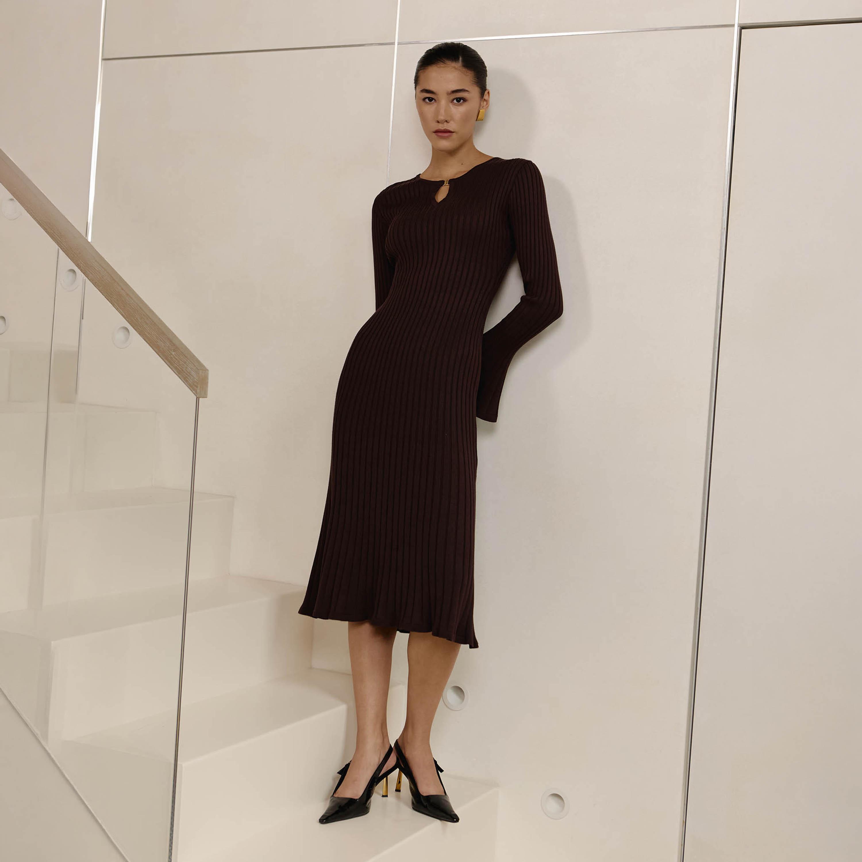 Lichi Brown Ribbed Jersey Keyhole Neck Flared Sleeves Sheath Women's Midi Dress-women-clothing-dresses-image-1
