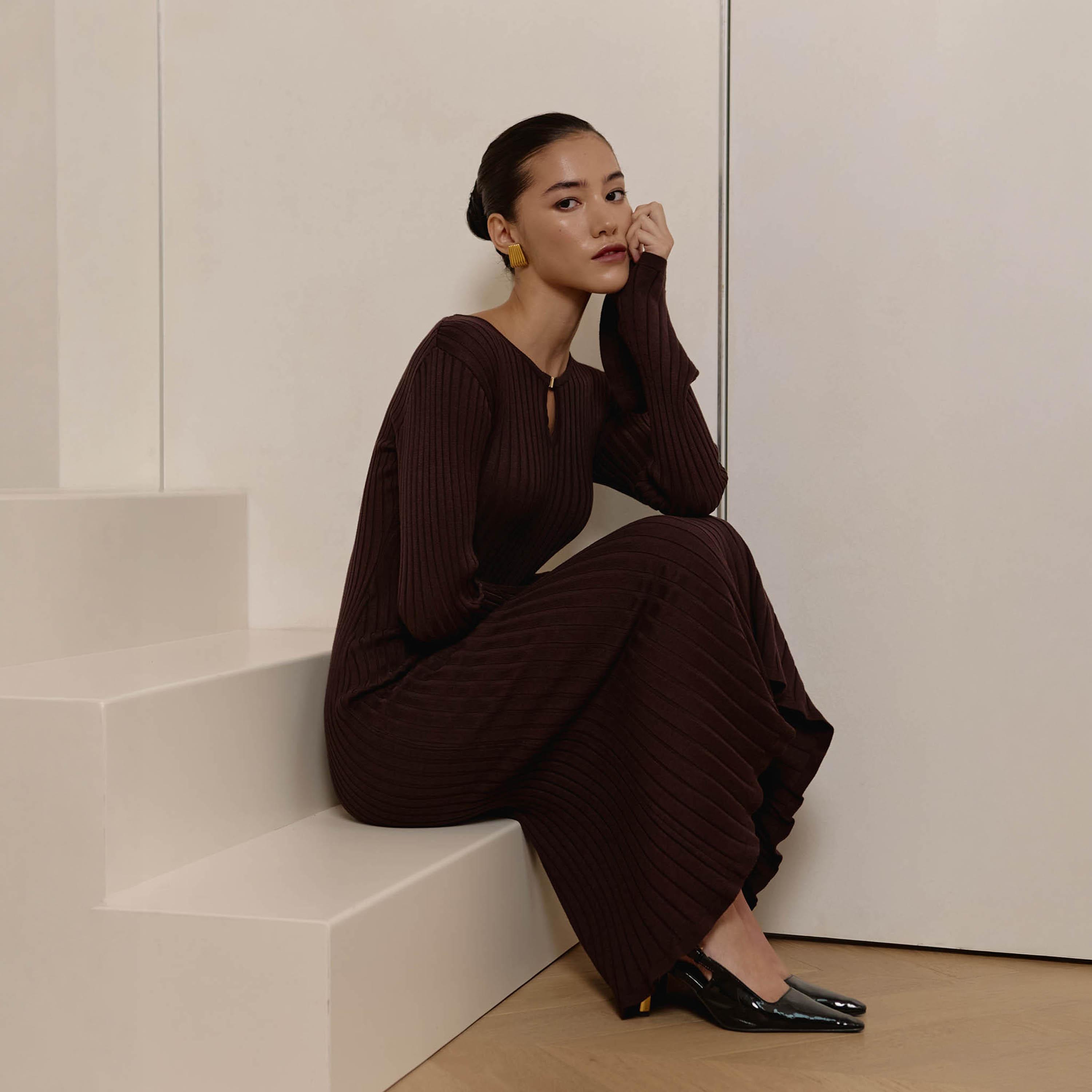 Lichi Brown Ribbed Jersey Keyhole Neck Flared Sleeves Sheath Women's Midi Dress-women-clothing-dresses-image-3